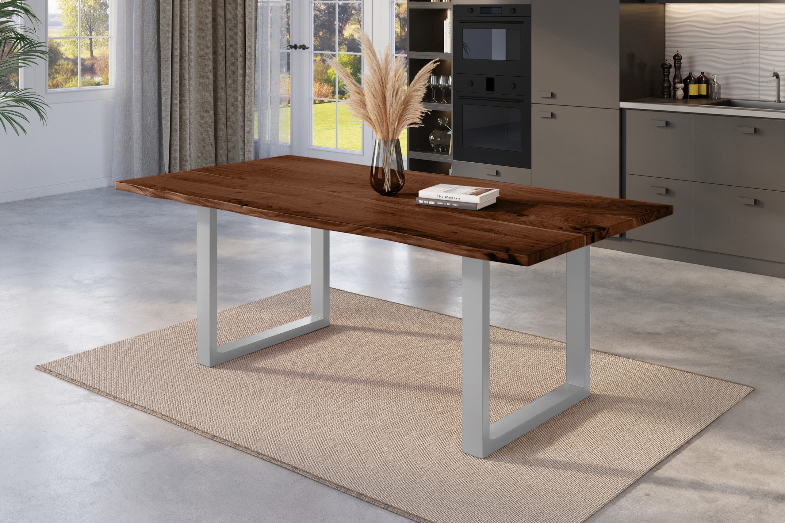 Esstisch Baumkante 200 x 100 cm Akazie nussbaum massiv U-Gestell silber NICK