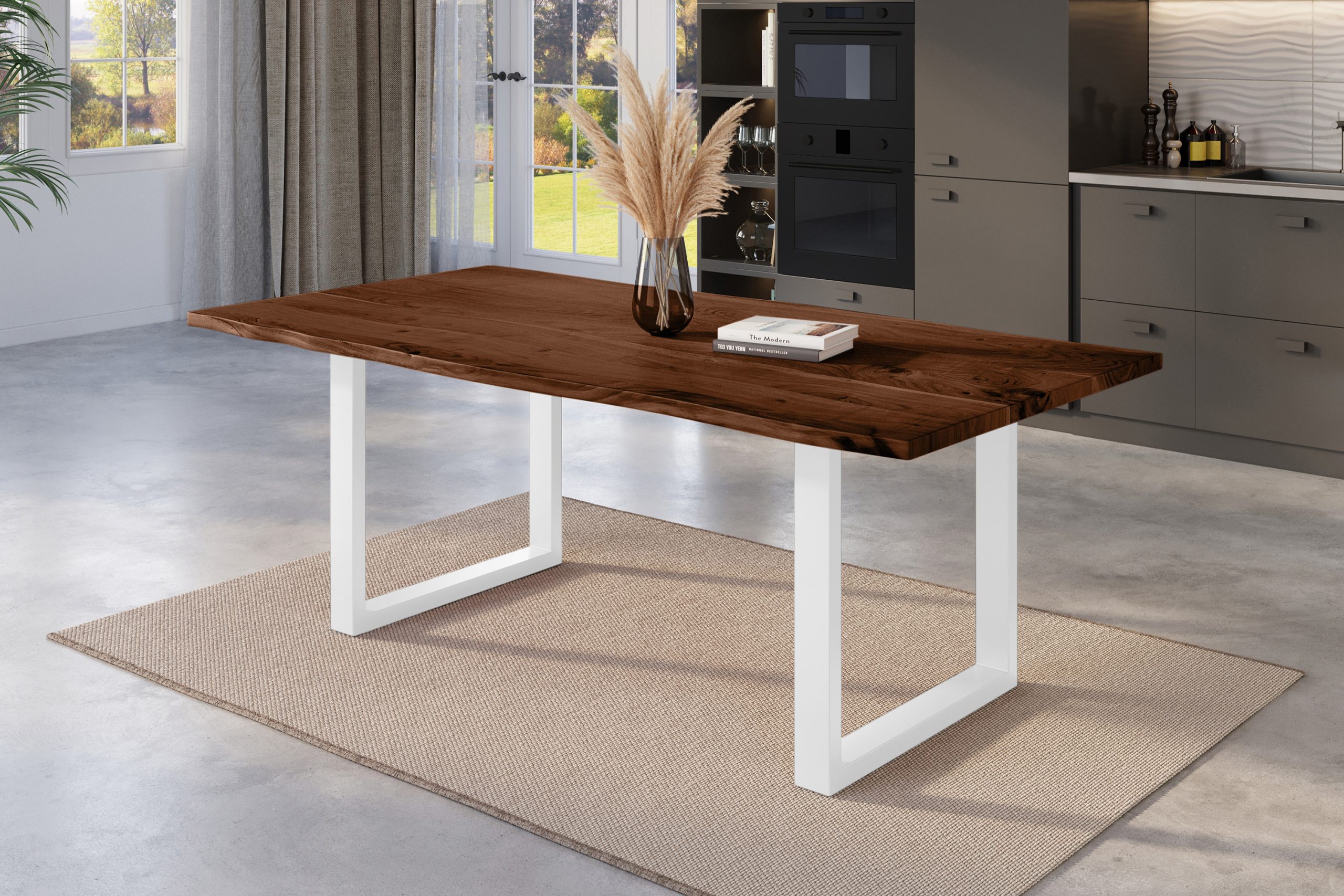 Esstisch Baumkante 200 x 100 cm Akazie nussbaum massiv U-Gestell weiß NICK