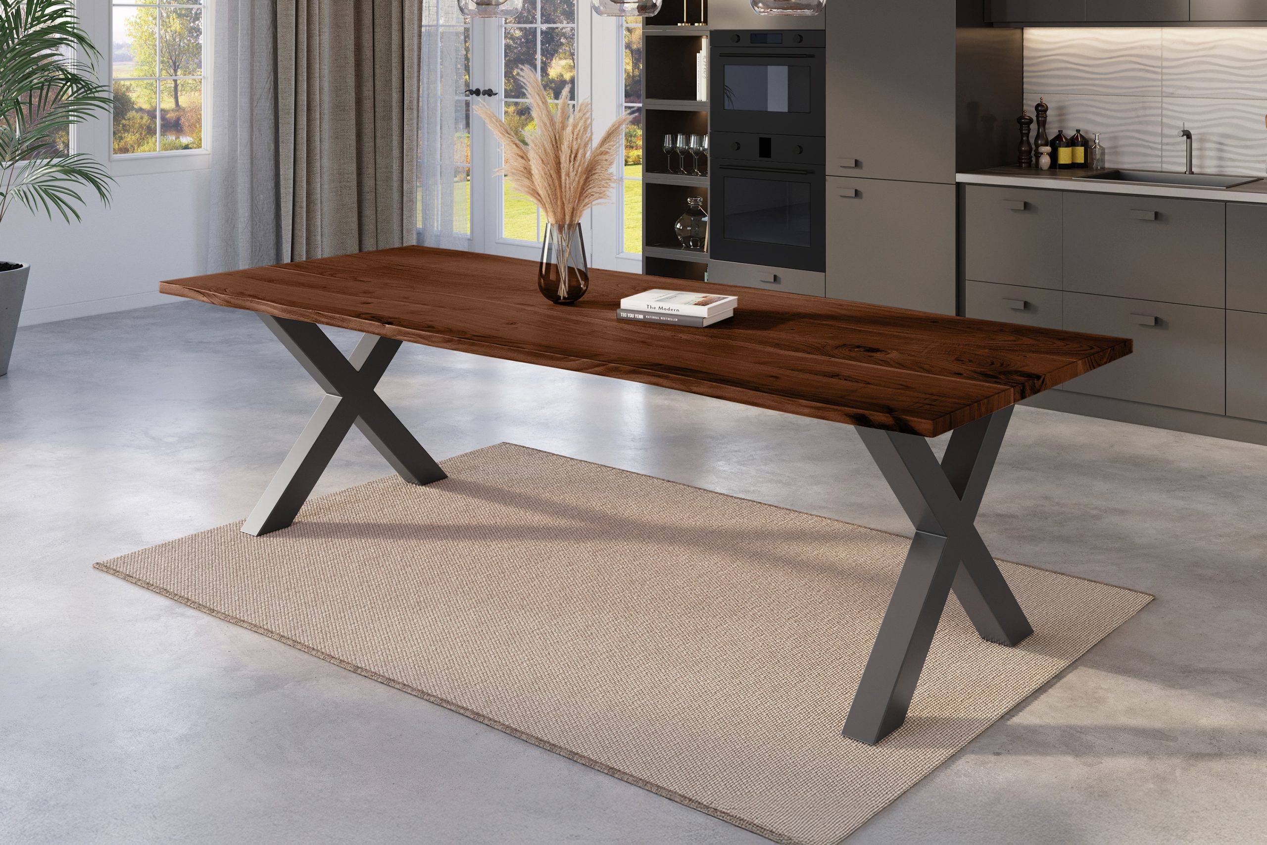 Esstisch Baumkante 240 x 100 cm Akazie nussbaum massiv X-Gestell schwarz NICK