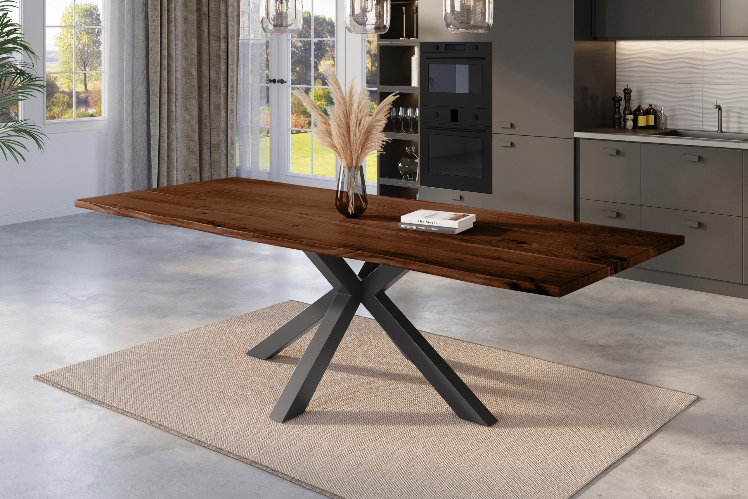 Esstisch Baumkante 300 x 100 cm Akazie nussbaum massiv Spider-Gestell schwarz KALEA – Bild 5