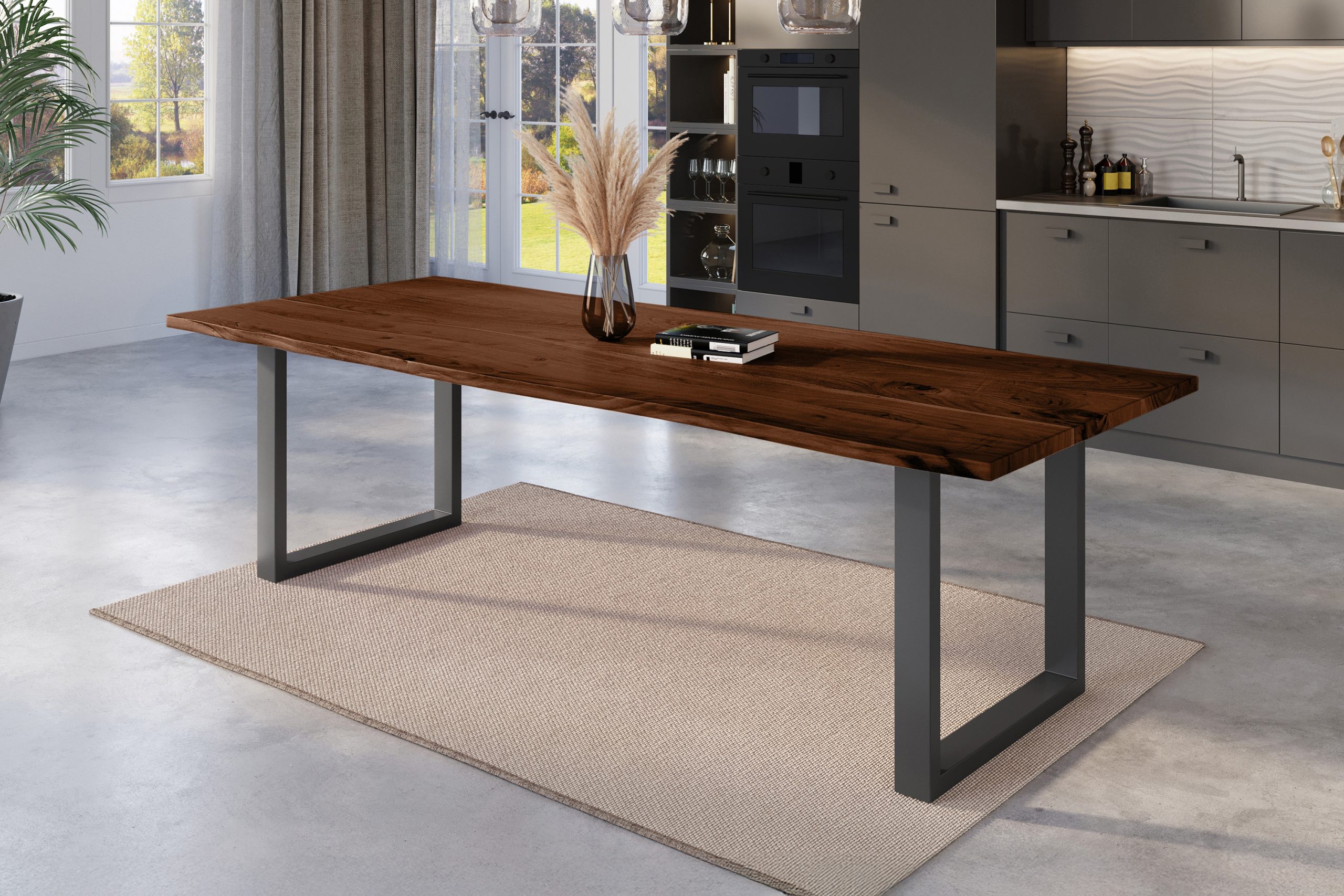 Esstisch Baumkante 300 x 100 cm Akazie nussbaum massiv U-Gestell schwarz NICK