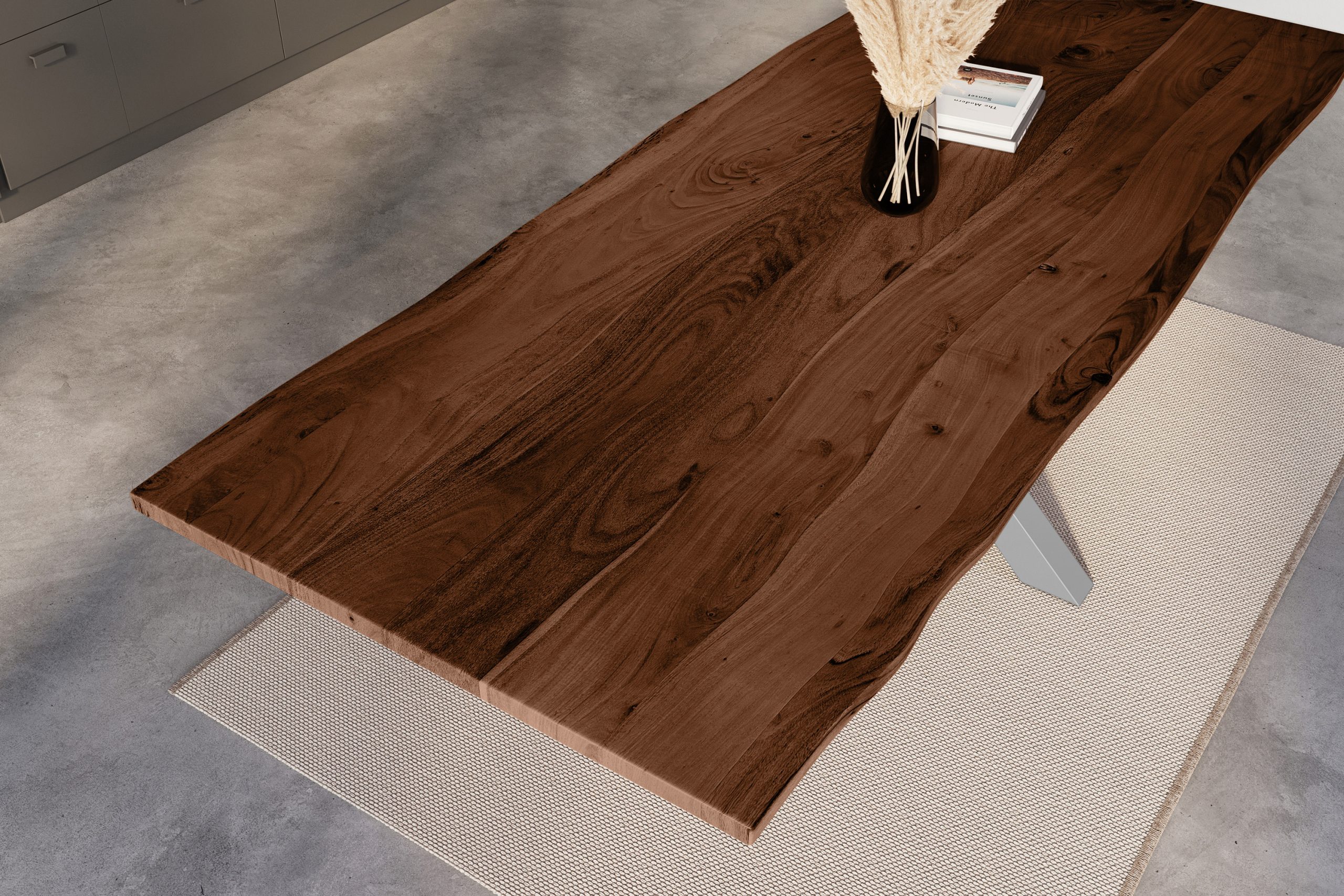 Esstisch Baumkante 240 x 100 cm Akazie nussbaum massiv Spider-Gestell silber KALEA – Bild 6