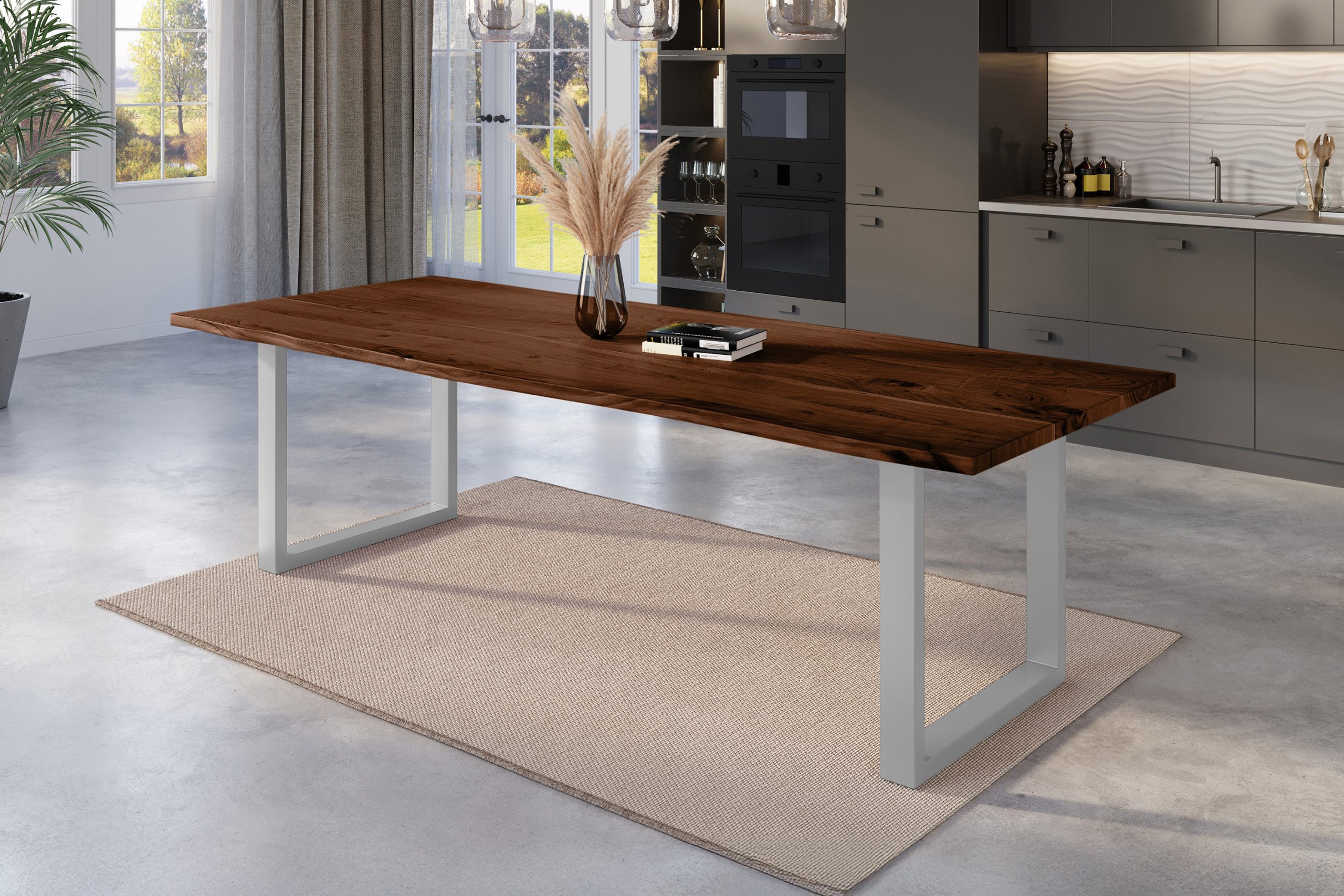 Esstisch Baumkante 280 x 100 cm Akazie nussbaum massiv U-Gestell silber NICK