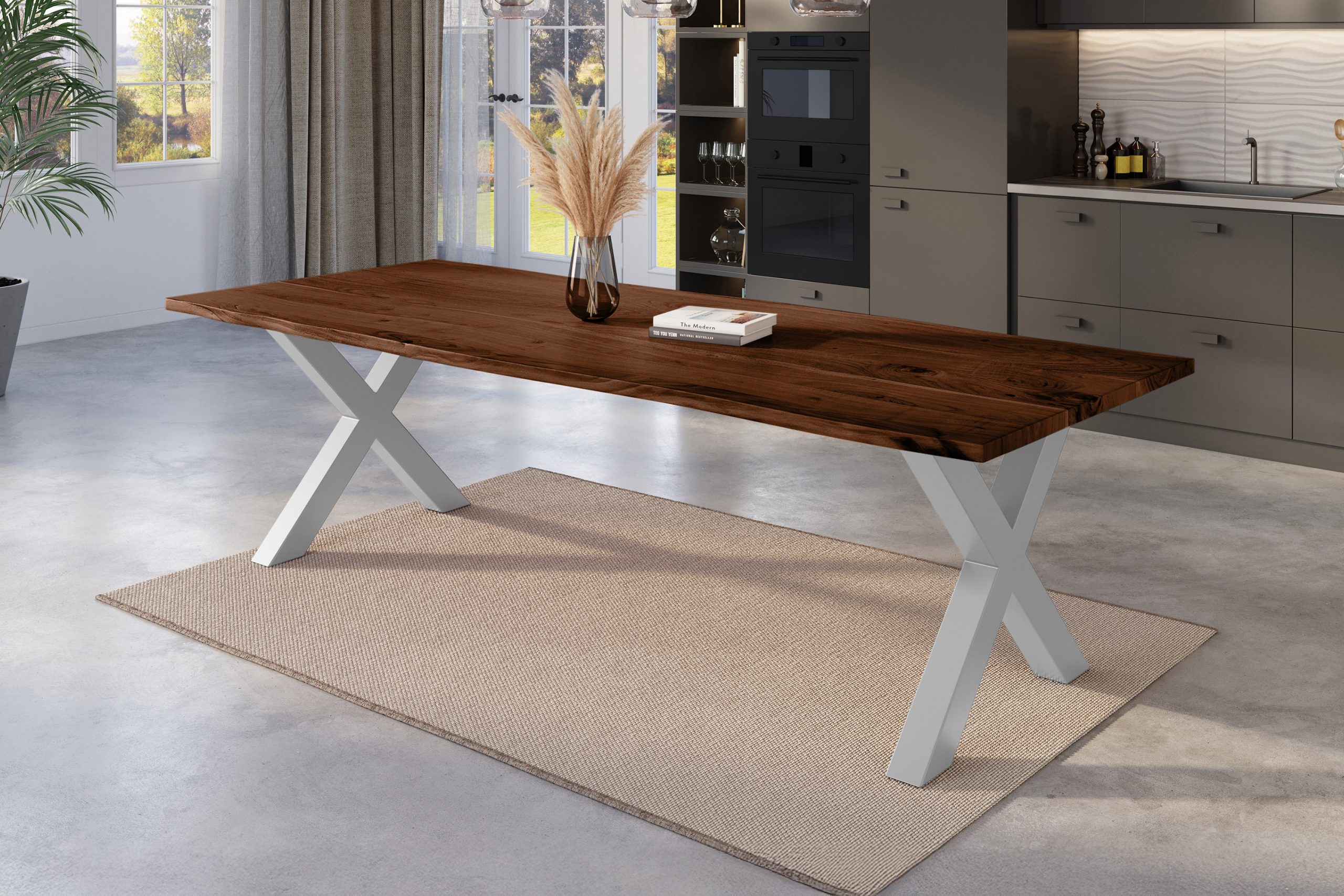 Esstisch Baumkante 280 x 100 cm Akazie nussbaum massiv X-Gestell silber NICK