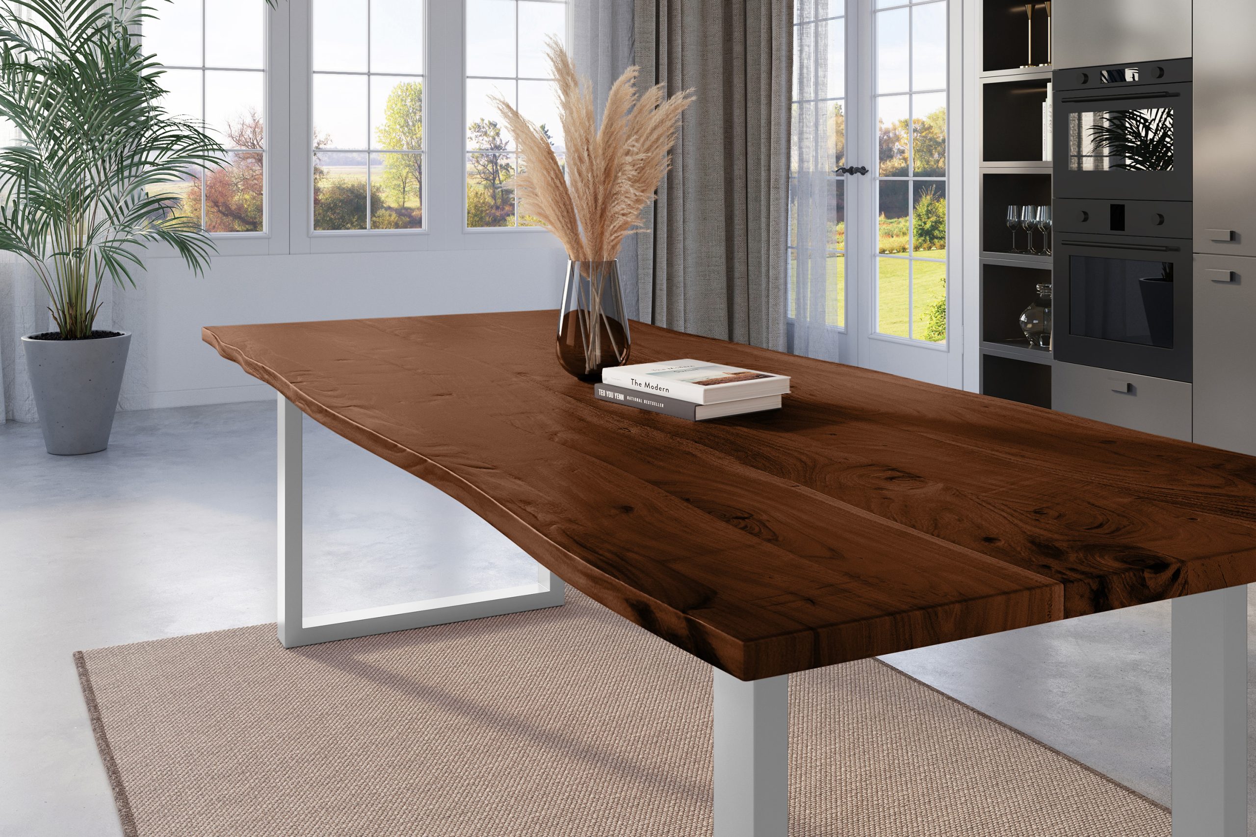 Esstisch Baumkante 300 x 100 cm Akazie nussbaum massiv U-Gestell silber NICK – Bild 5