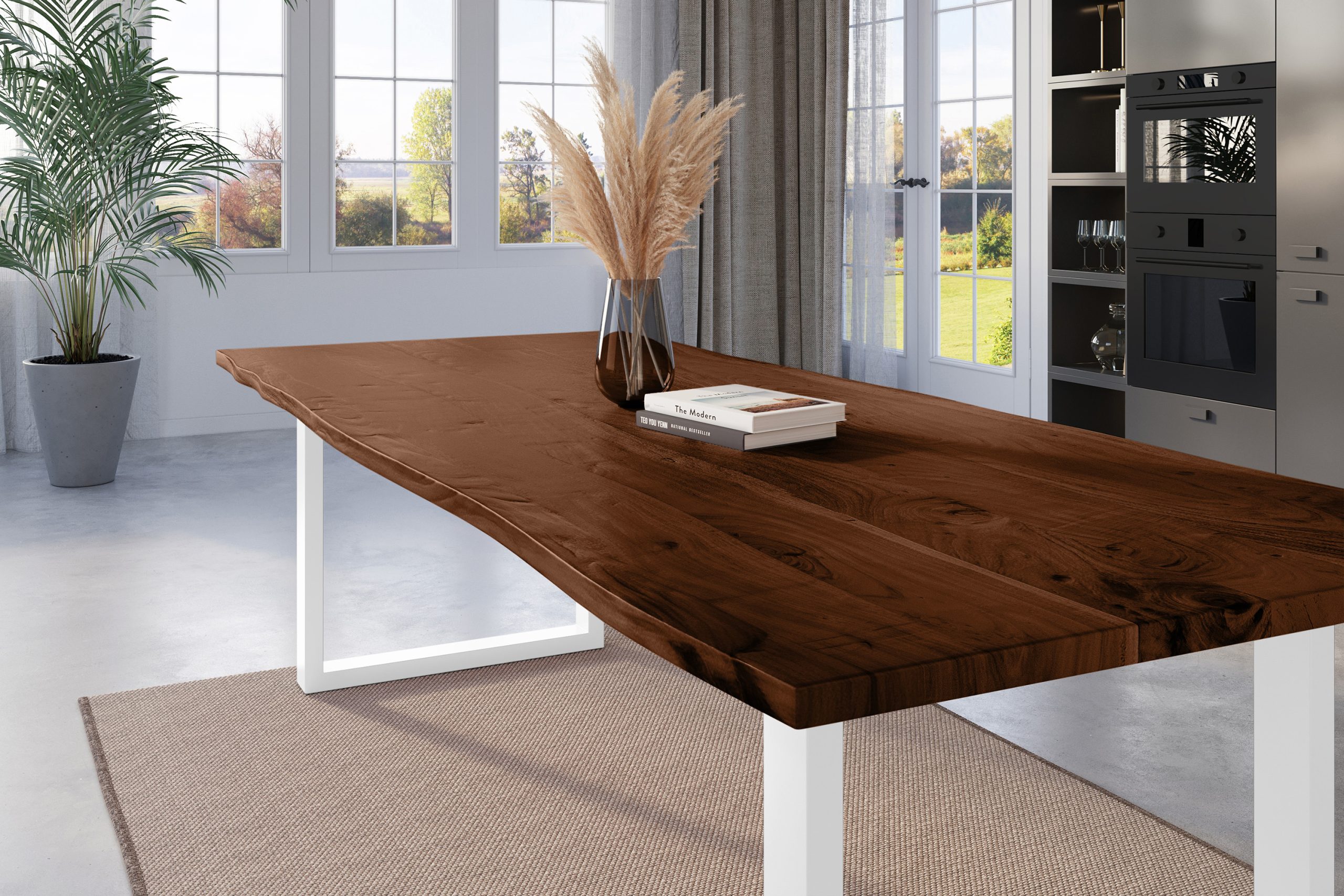 Esstisch Baumkante 240 x 100 cm Akazie nussbaum massiv U-Gestell weiß NICK – Bild 5