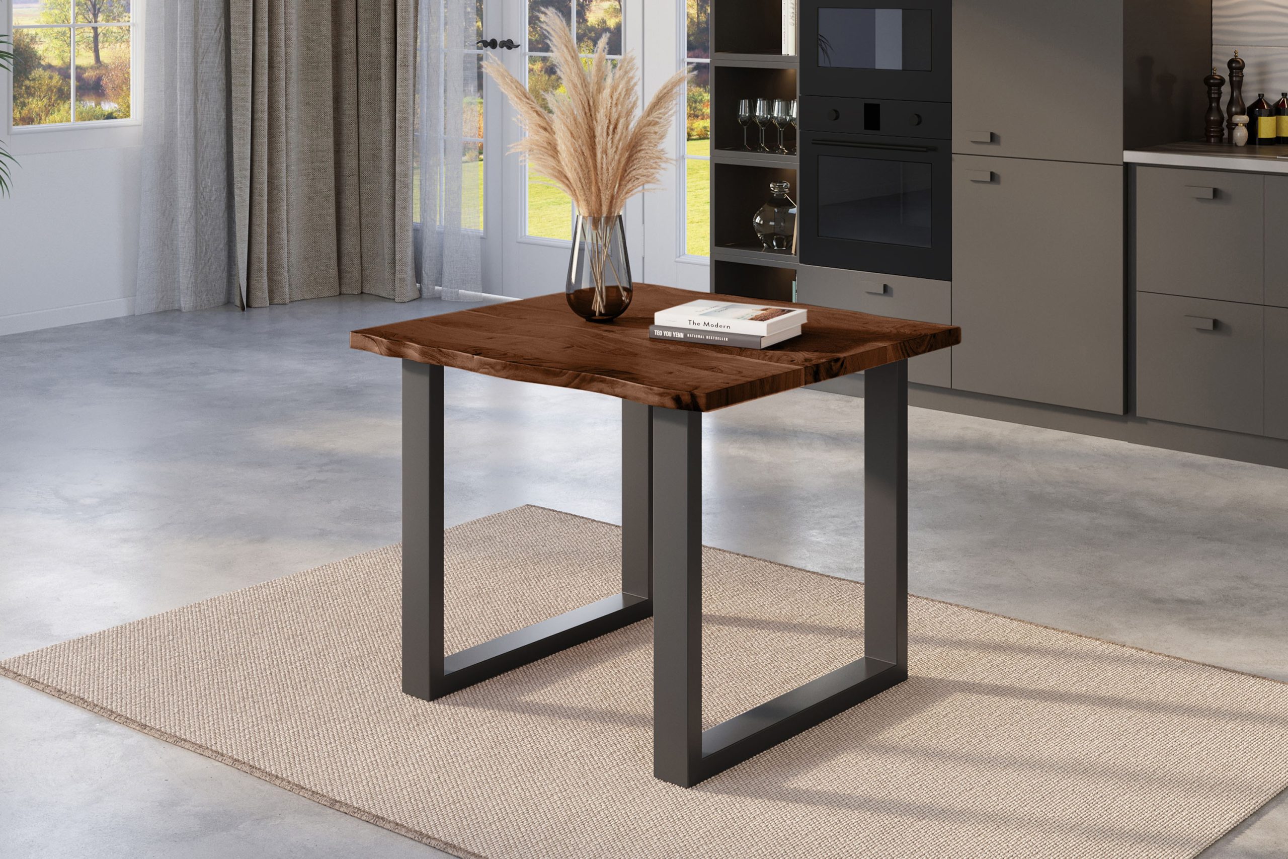 Esstisch Baumkante 80 x 80 cm Akazie nussbaum massiv U-Gestell schwarz NICK