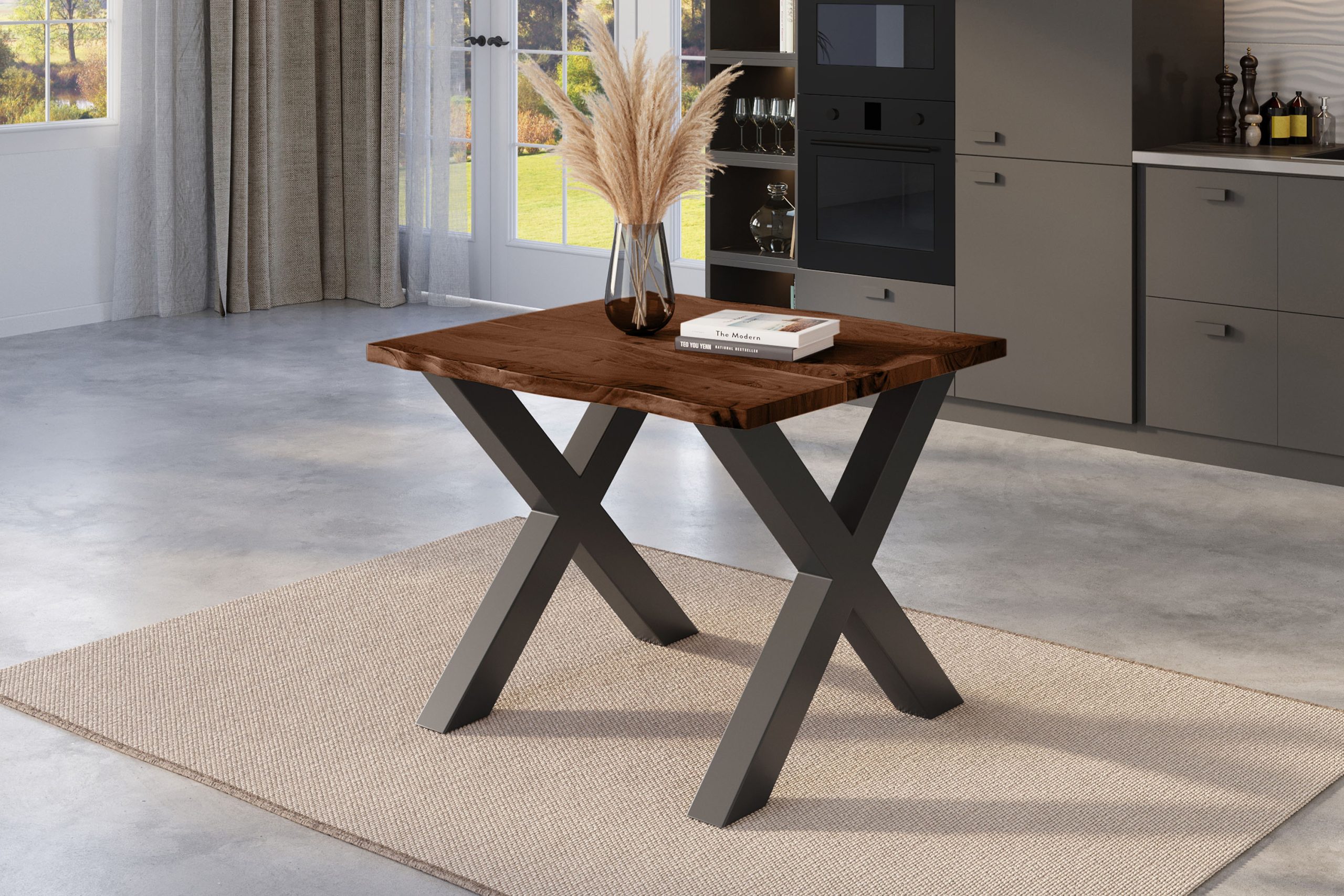 Esstisch Baumkante 80 x 80 cm Akazie nussbaum massiv X-Gestell schwarz NICK