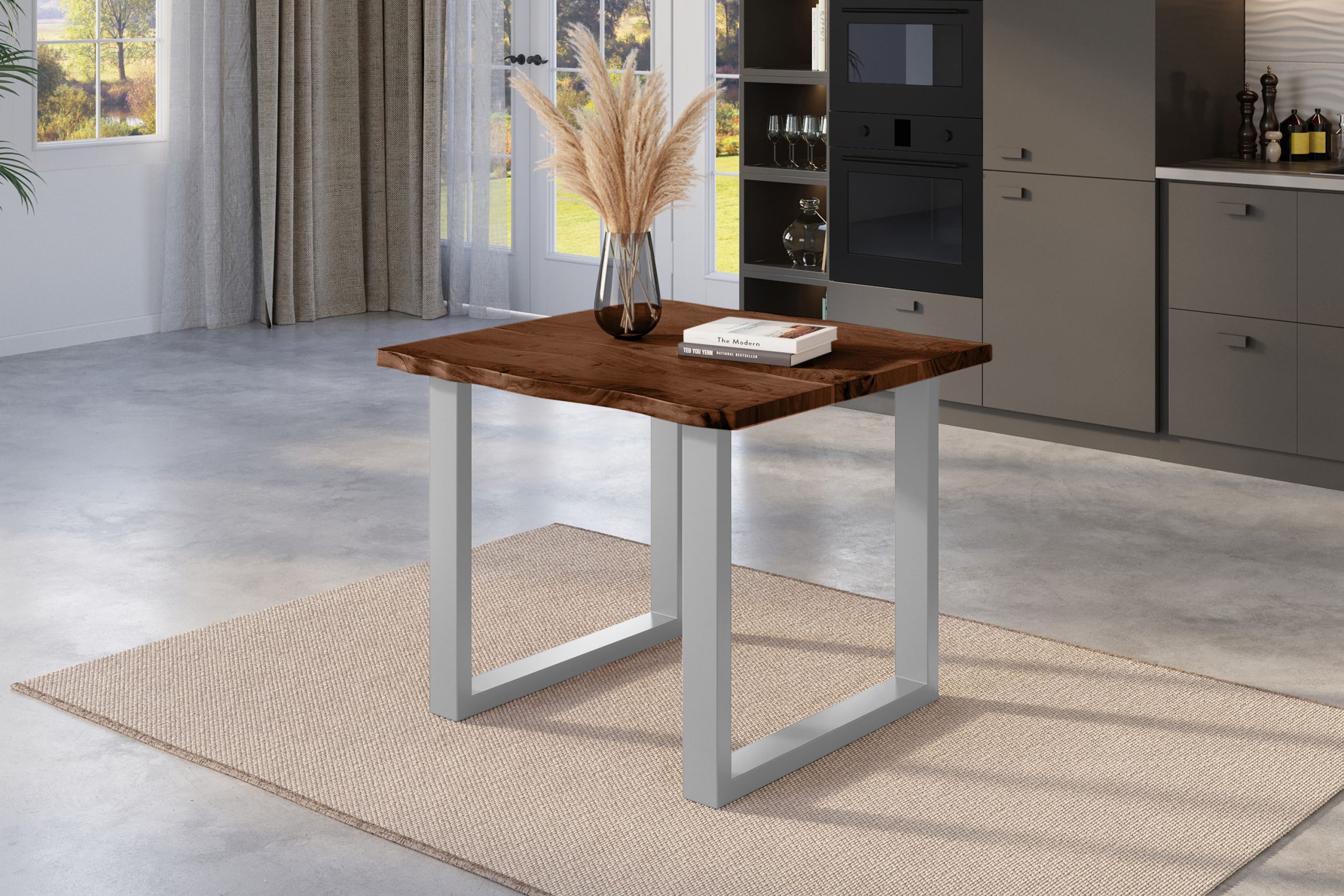 Esstisch Baumkante 80 x 80 cm Akazie nussbaum massiv U-Gestell silber NICK