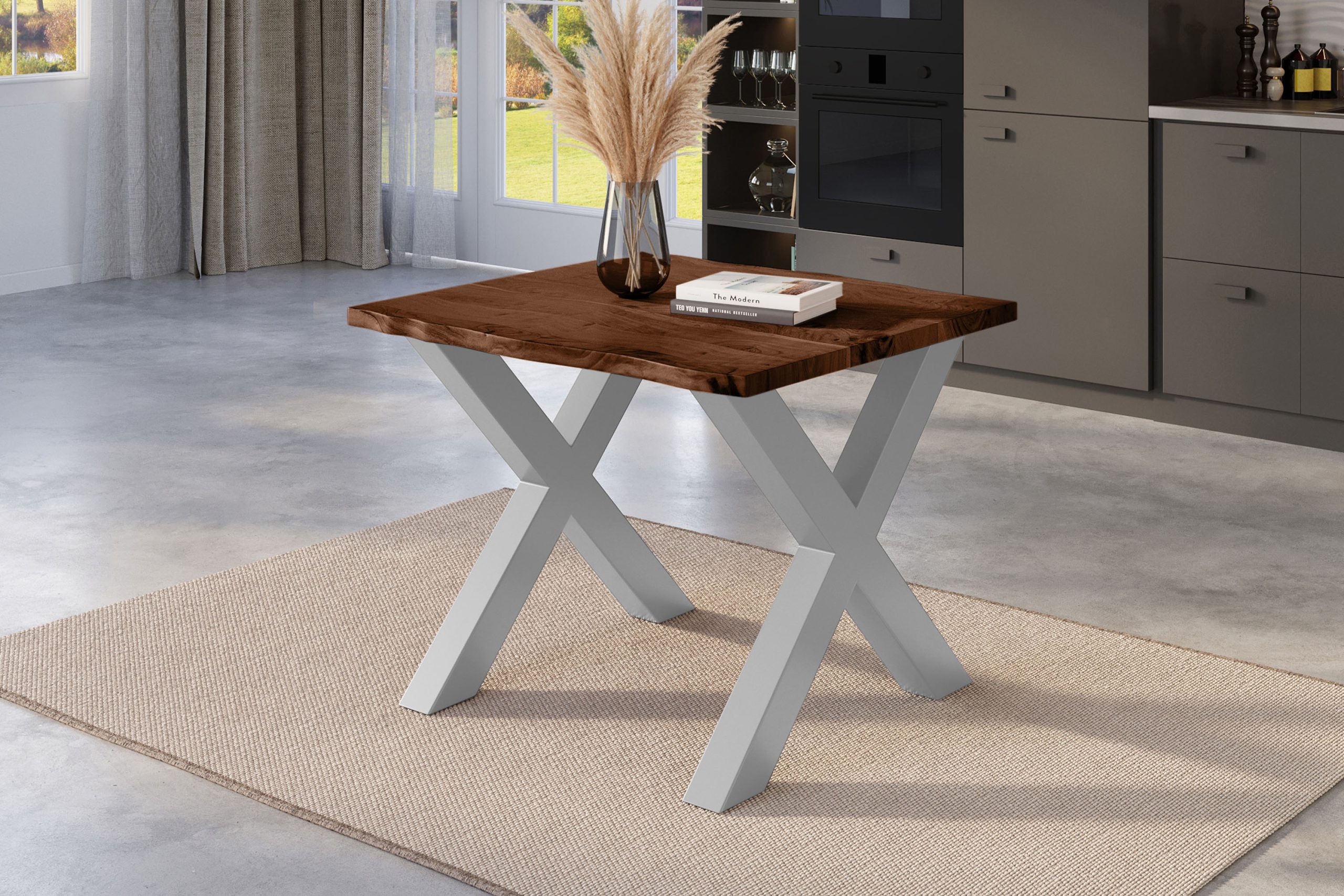 Esstisch Baumkante 80 x 80 cm Akazie nussbaum massiv X-Gestell silber NICK