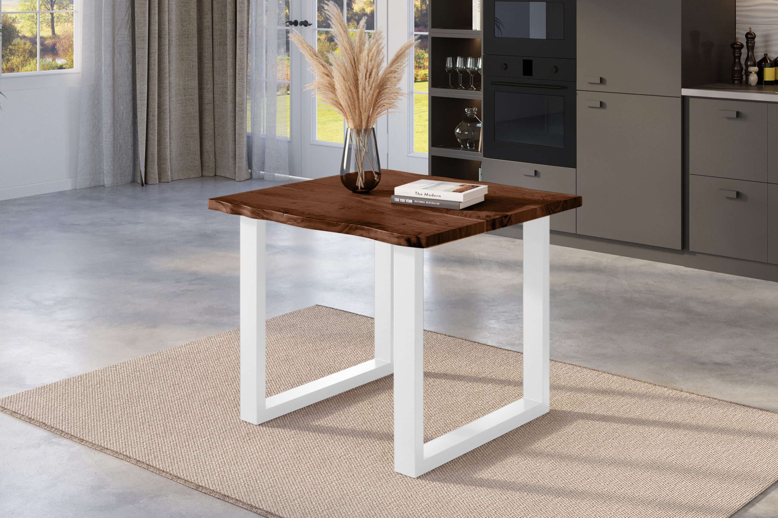 Esstisch Baumkante 80 x 80 cm Akazie nussbaum massiv U-Gestell weiß NICK