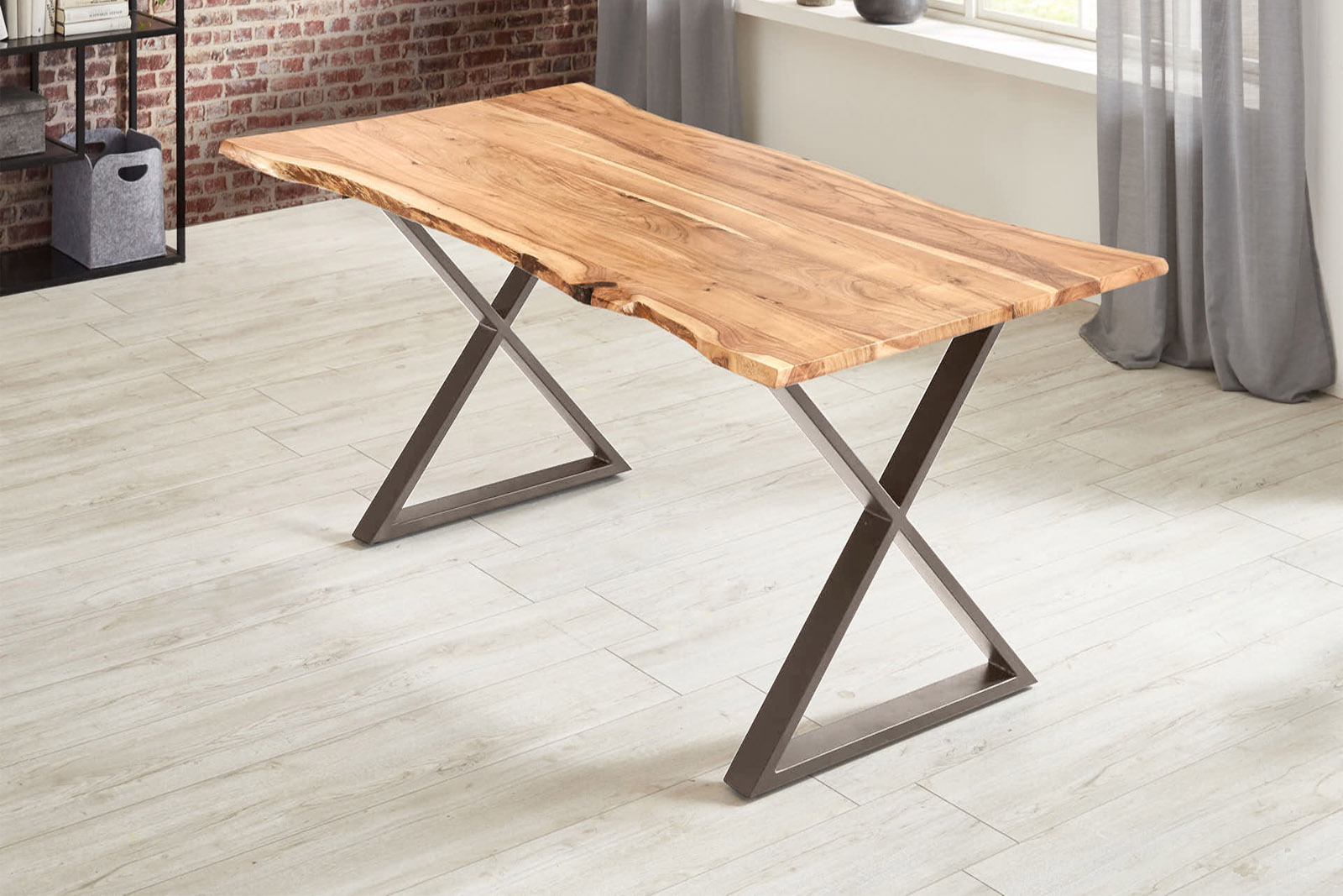 Esstisch Baumkante massiv Akazie natur 120 x 80 X-Gestell edelstahlfarben KASIMIR