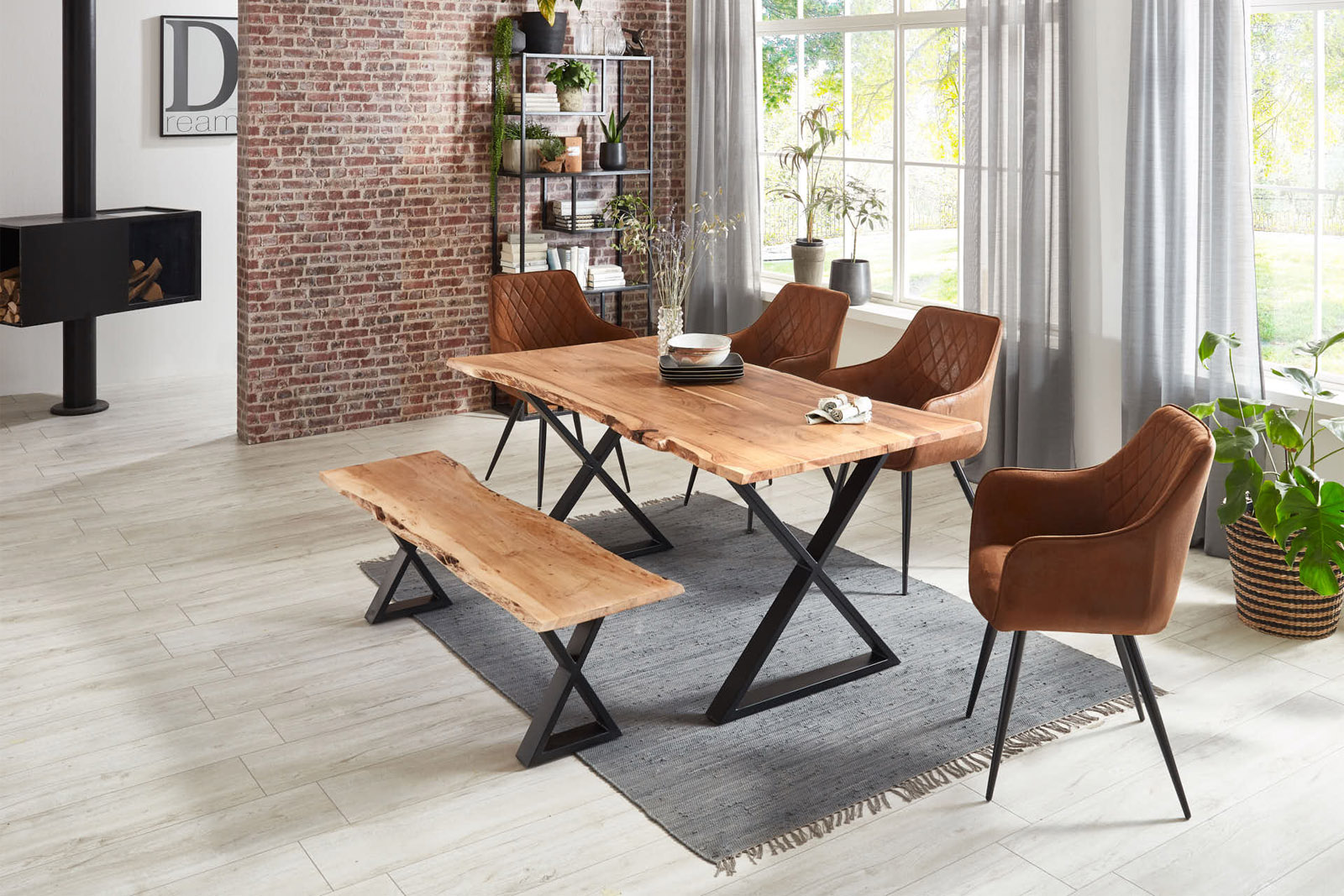 Esstisch Baumkante massiv Akazie natur 140 x 80 X-Gestell schwarz KASIMIR – Bild 7