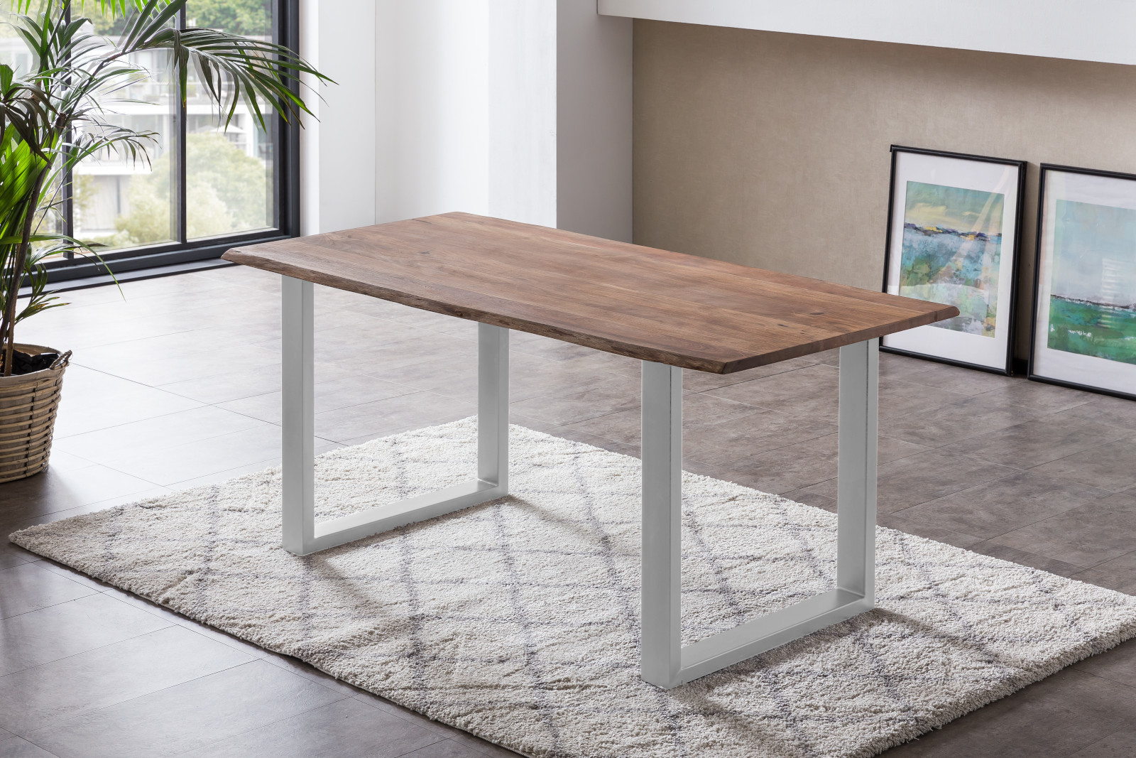 Esstisch Baumkante massiv 160 x 85 cm Akazie stone U-Gestell silber LAURINA