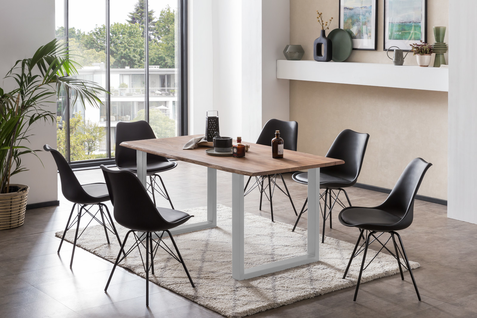 Esstisch Baumkante massiv 160 x 85 cm Akazie stone U-Gestell silber LAURINA – Bild 7