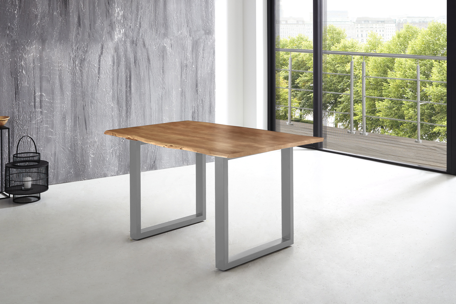 Esstisch Baumkante massiv Akazie natur 160 x 85 U-Gestell silber LUBIN