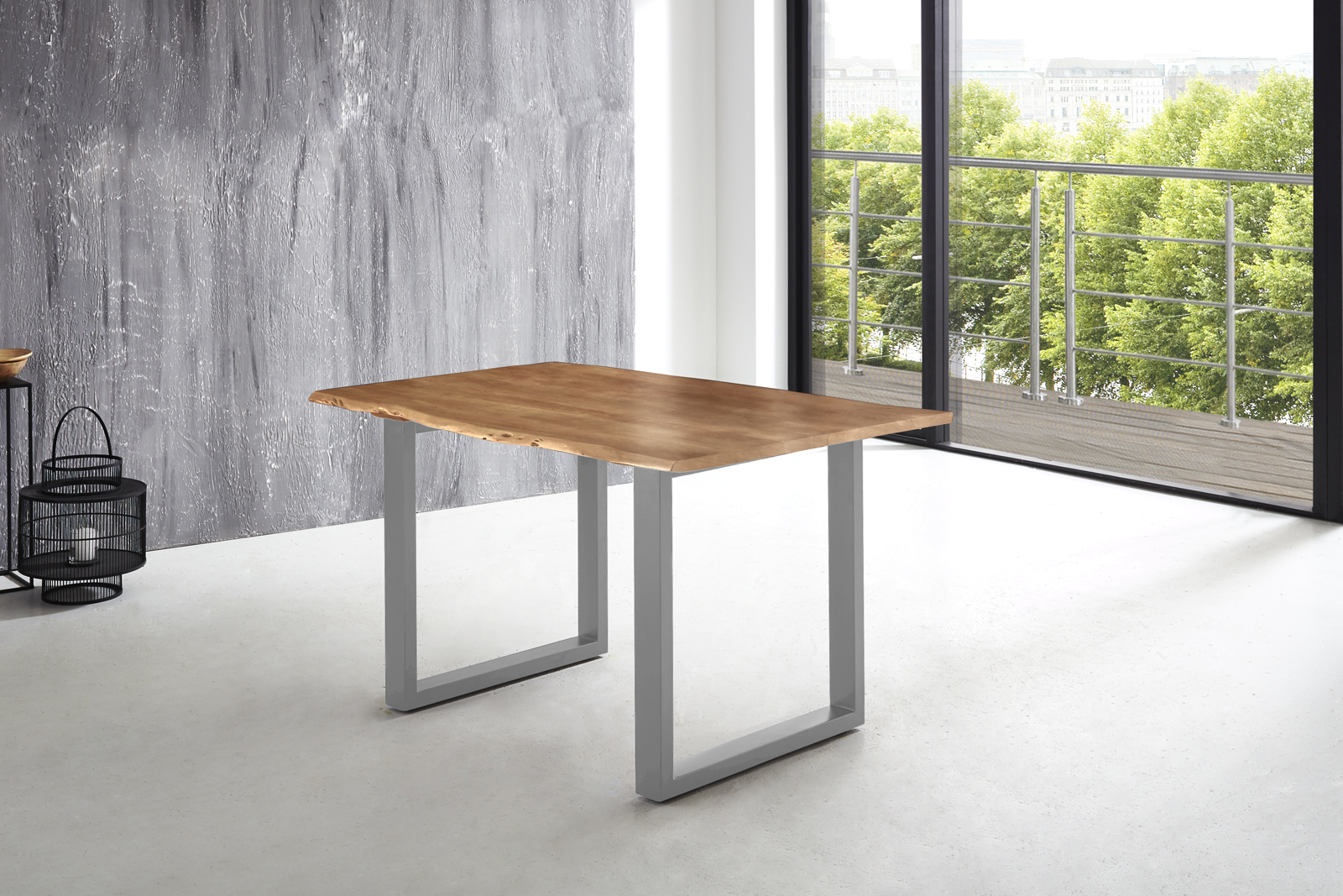 Esstisch Baumkante massiv Akazie natur 180 x 90 U-Gestell silber LUBIN