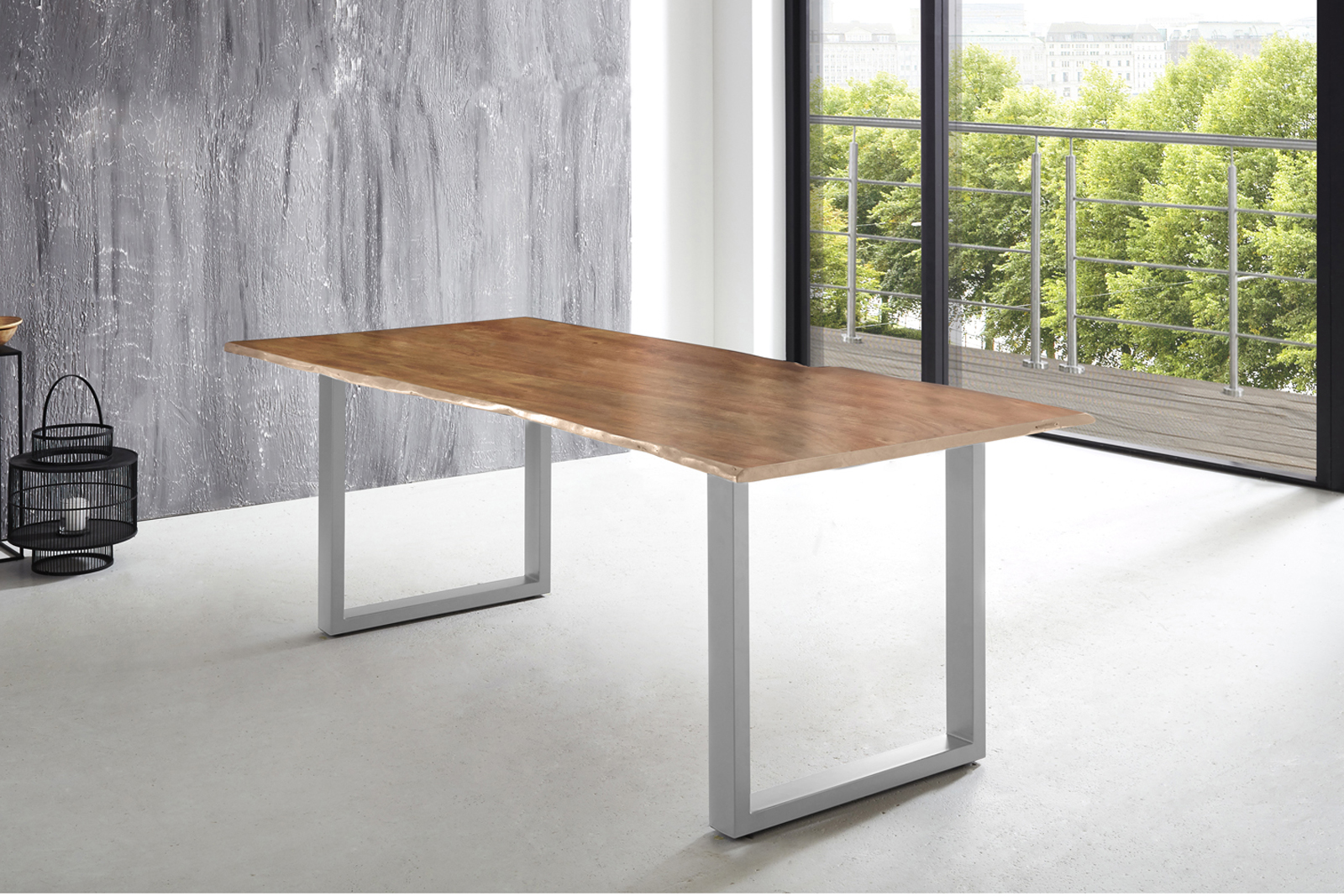 Esstisch Baumkante massiv Akazie natur 240 x 100 U-Gestell silber LUBIN