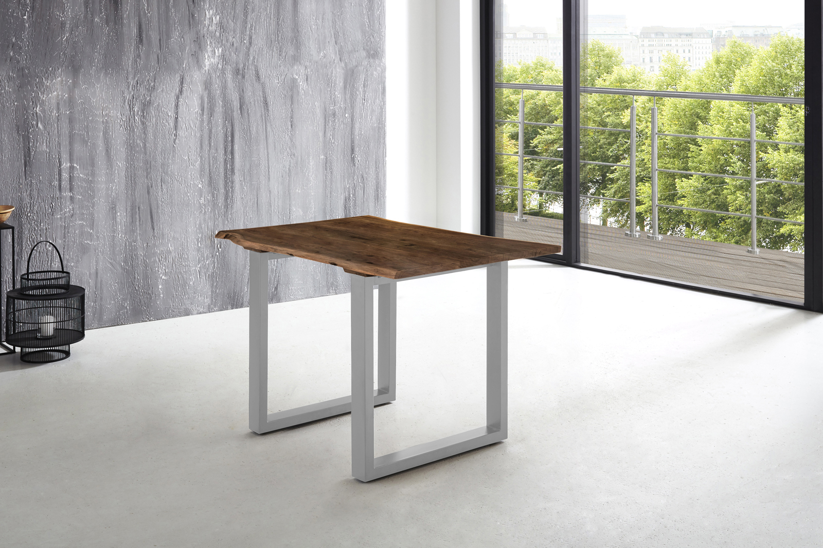 Esstisch Baumkante massiv Akazie nussbaum 120 x 80 U-Gestell silber LUBIN