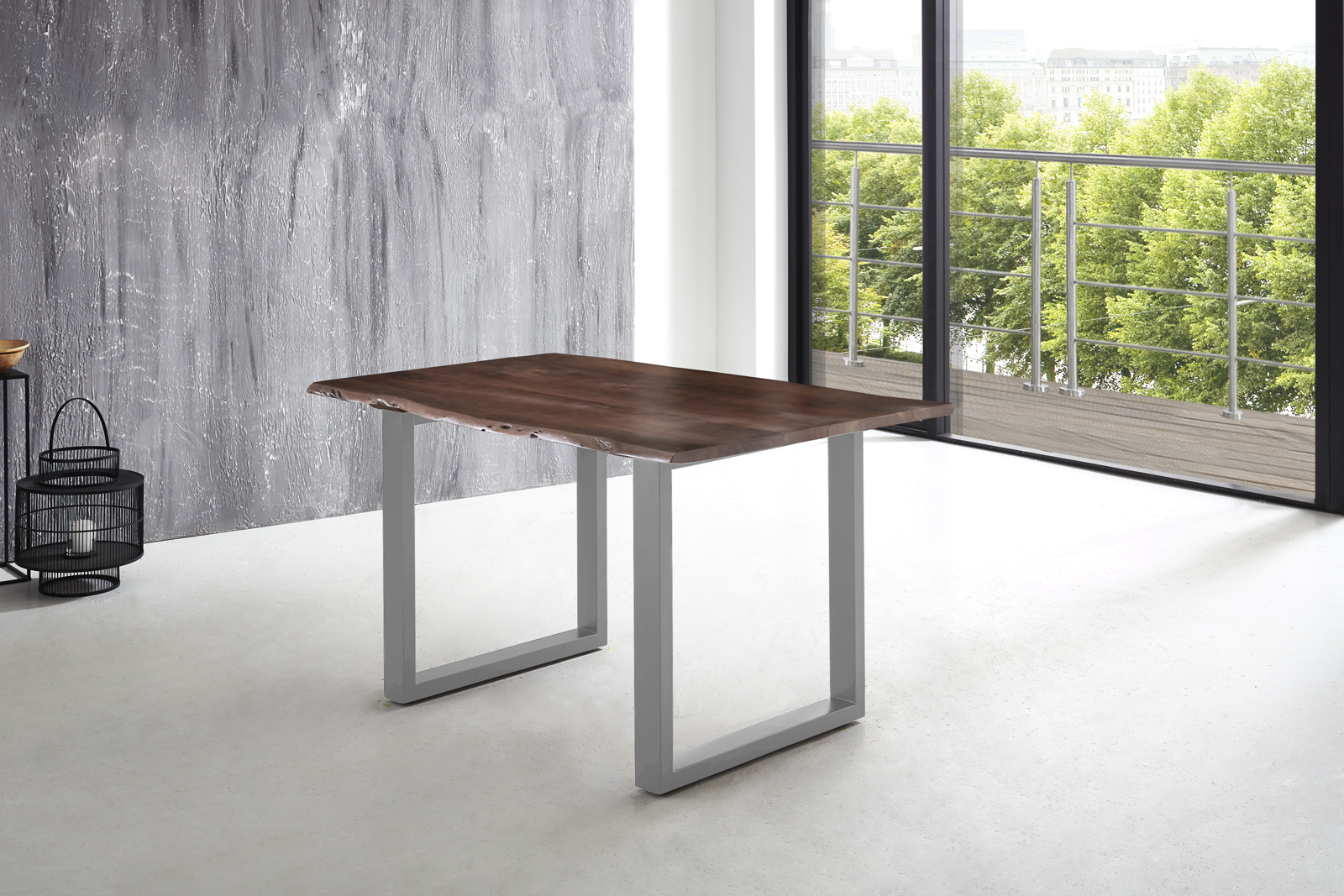 Esstisch Baumkante massiv Akazie nussbaum 180 x 90 U-Gestell silber LUBIN