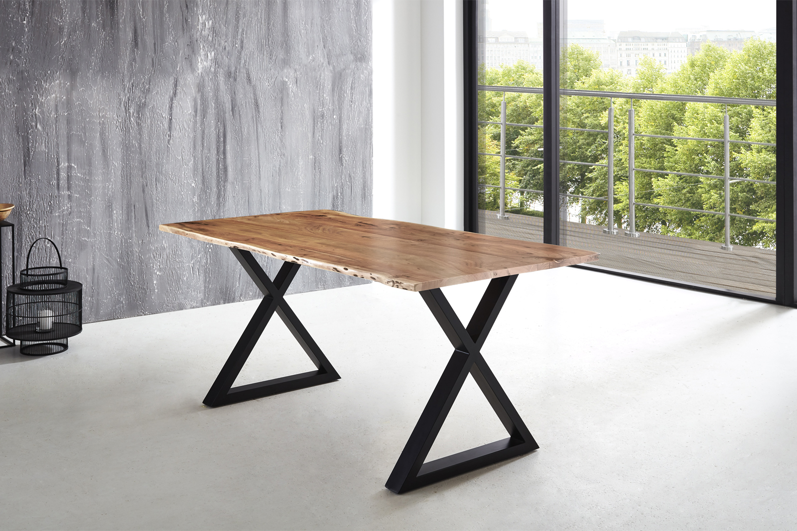 Esstisch Baumkante massiv Akazie natur 180 x 90 X-Gestell schwarz LUBIN