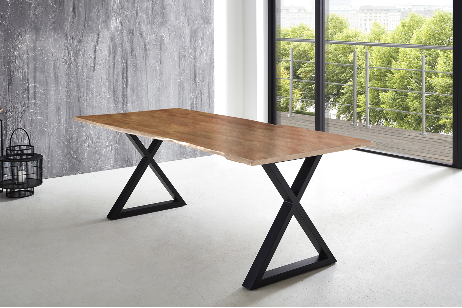 Esstisch Baumkante massiv Akazie natur 220 x 100 X-Gestell schwarz LUBIN