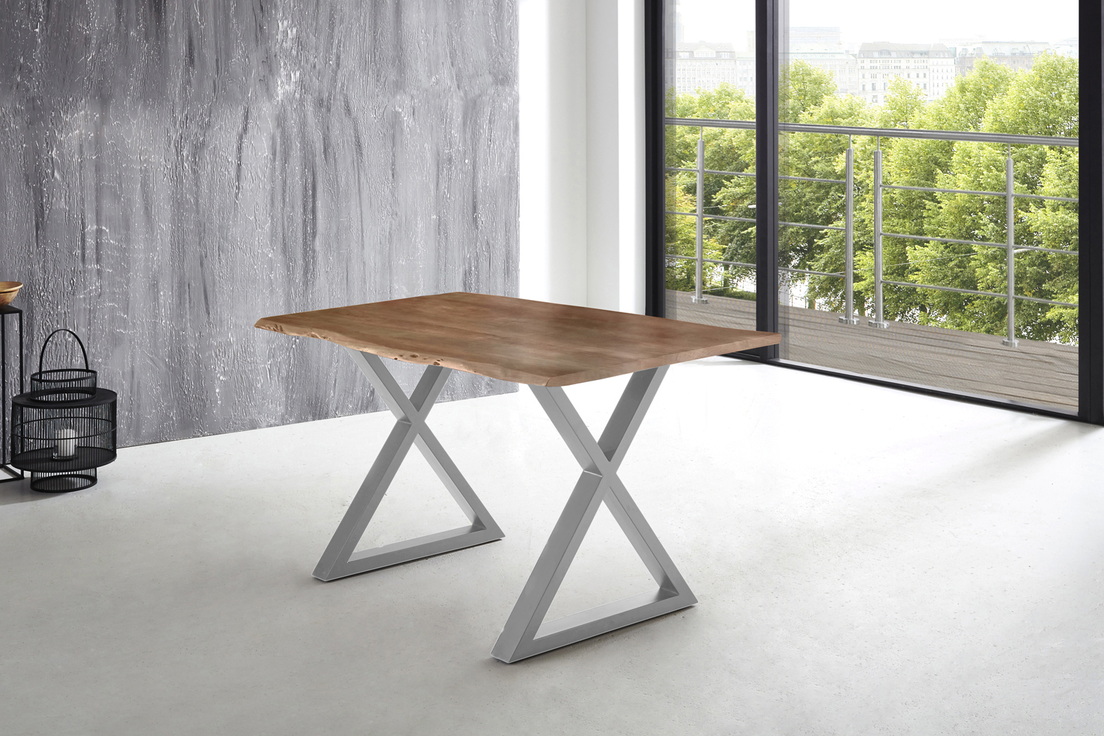 Esstisch Baumkante massiv Akazie natur 140 x 80 X-Gestell silber LUBIN