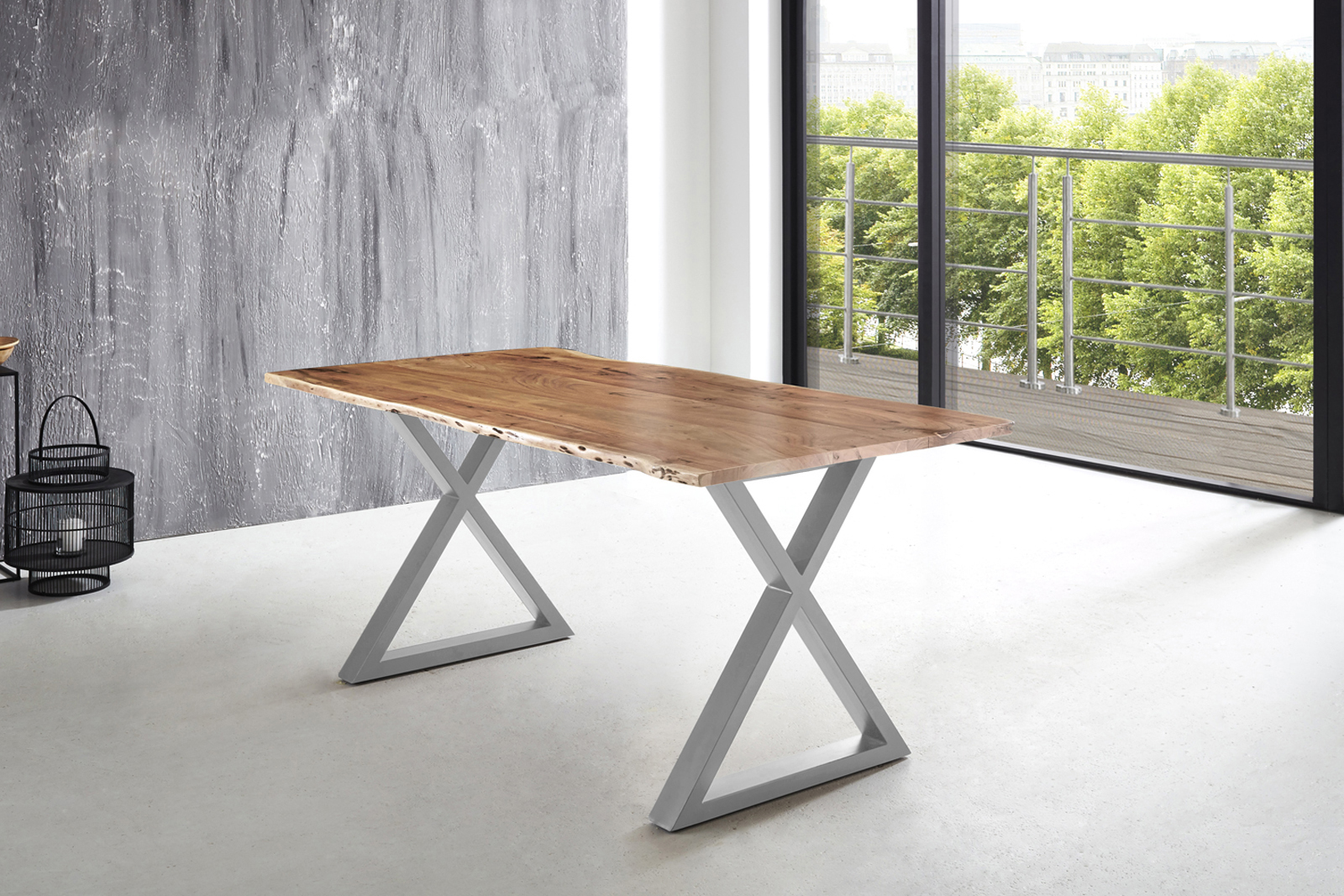 Esstisch Baumkante massiv Akazie natur 160 x 85 X-Gestell silber LUBIN