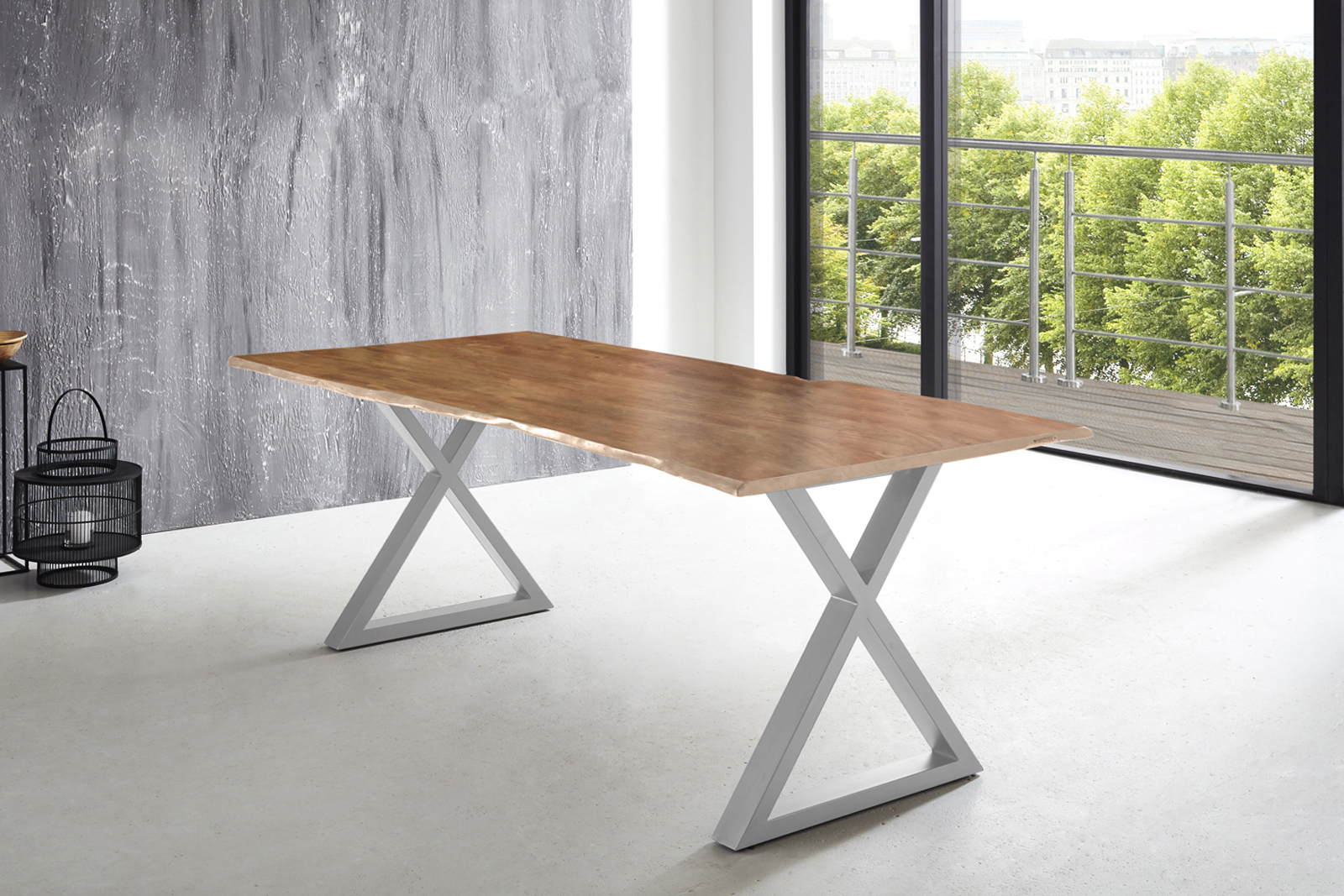 Esstisch Baumkante massiv Akazie natur 220 x 100 X-Gestell silber LUBIN