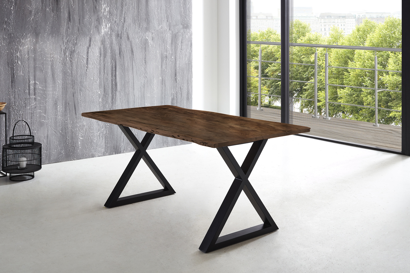 Esstisch Baumkante massiv Akazie nussbaum 200 x 100 X-Gestell schwarz LUBIN
