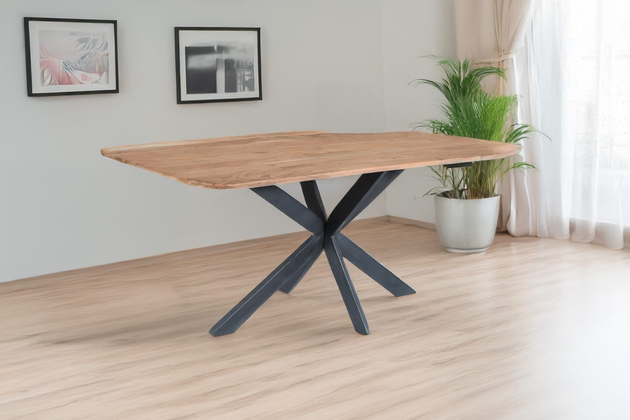 Esstisch 178x80 cm asymmetrische Form Akazie massiv natur schweizer Kante Spider-Gestell schwarz MILA