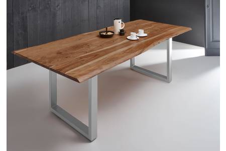 Esstisch Baumkante massiv Akazie natur 240 x 100 U-Gestell silber MILO