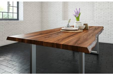 Esstisch Baumkante massiv Akazie nussbaum 160 x 85 cm U-Gestell silber LIAM