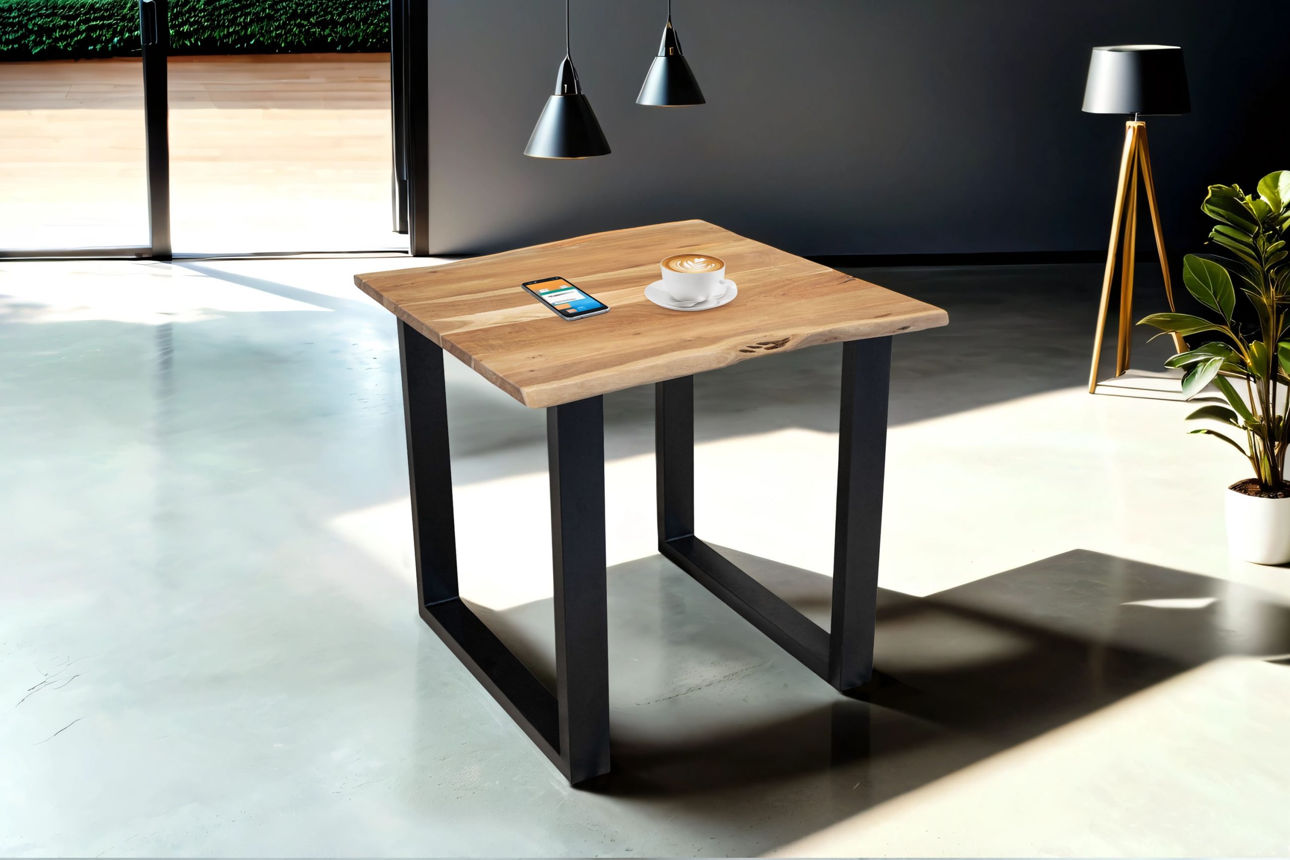 B-Ware Esstisch Baumkante massiv Akazie natur 90 x 90 schwarz MUNDRA