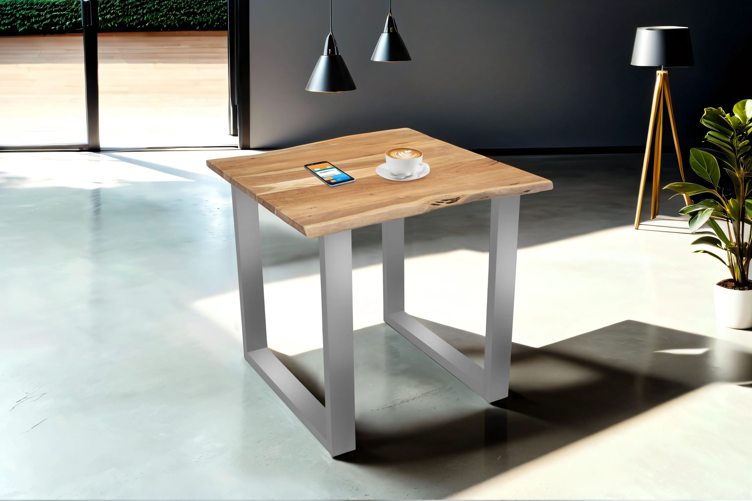 B-Ware Esstisch Baumkante massiv Akazie natur 90 x 90 silber MUNDRA