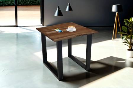 B-Ware Esstisch Baumkante massiv Akazie nussbaum 90 x 90 schwarz MUNDRA