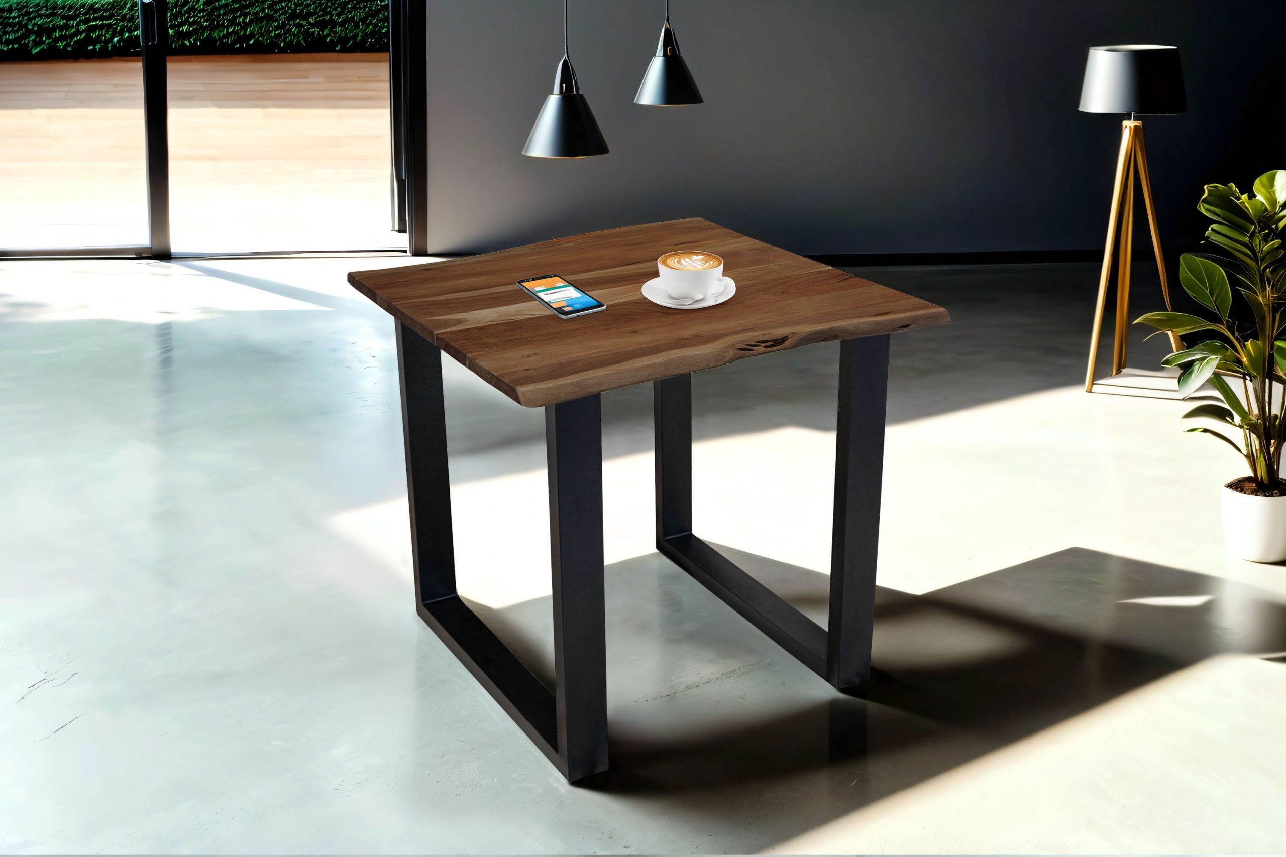 B-Ware Esstisch Baumkante massiv Akazie nussbaum 90 x 90 schwarz MUNDRA