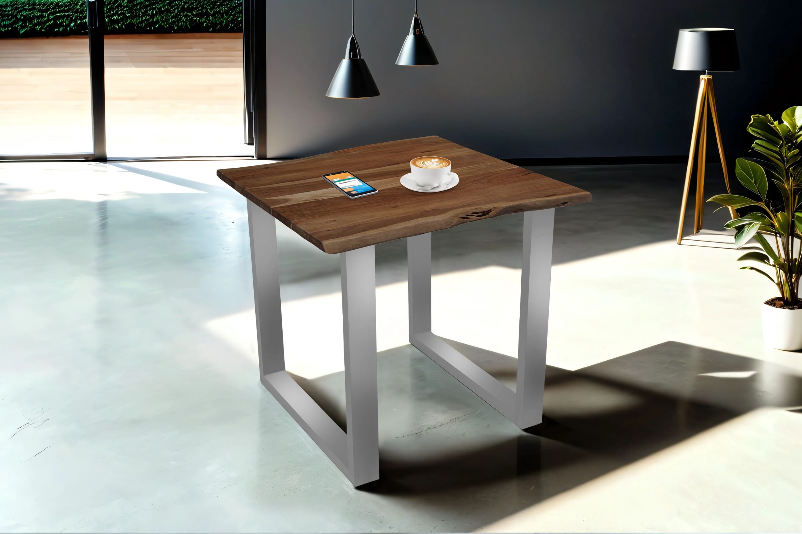 Esstisch Baumkante massiv Akazie nussbaum 90 x 90 silber MUNDRA