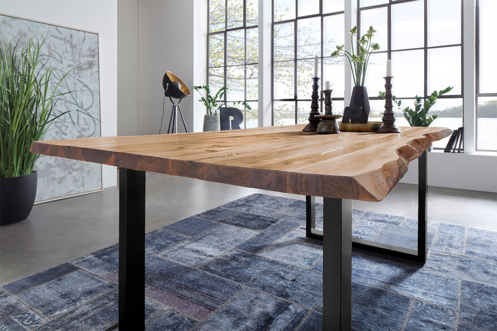 Esstisch Baumkante Akazie eichenfarben 180 x 90 schwarz NOAH