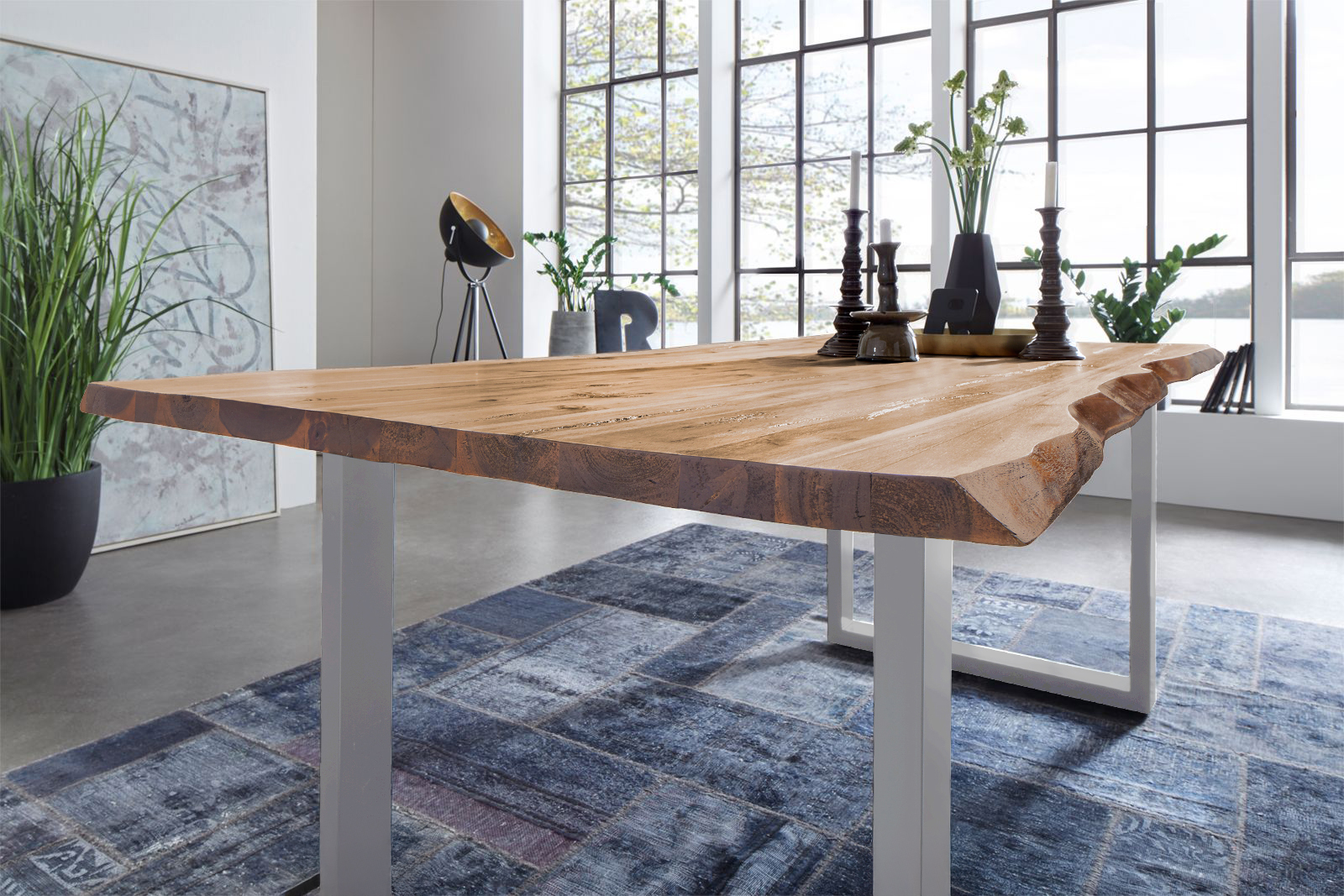 Esstisch Baumkante Akazie eichenfarben 120 x 80 cm silber NOAH