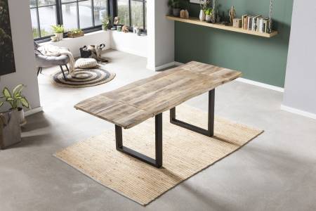 B-Ware Baumkanten-Esstisch mit Ansteckplatten, Mango, U-Gestell 160 (260) x 90 cm NOAR