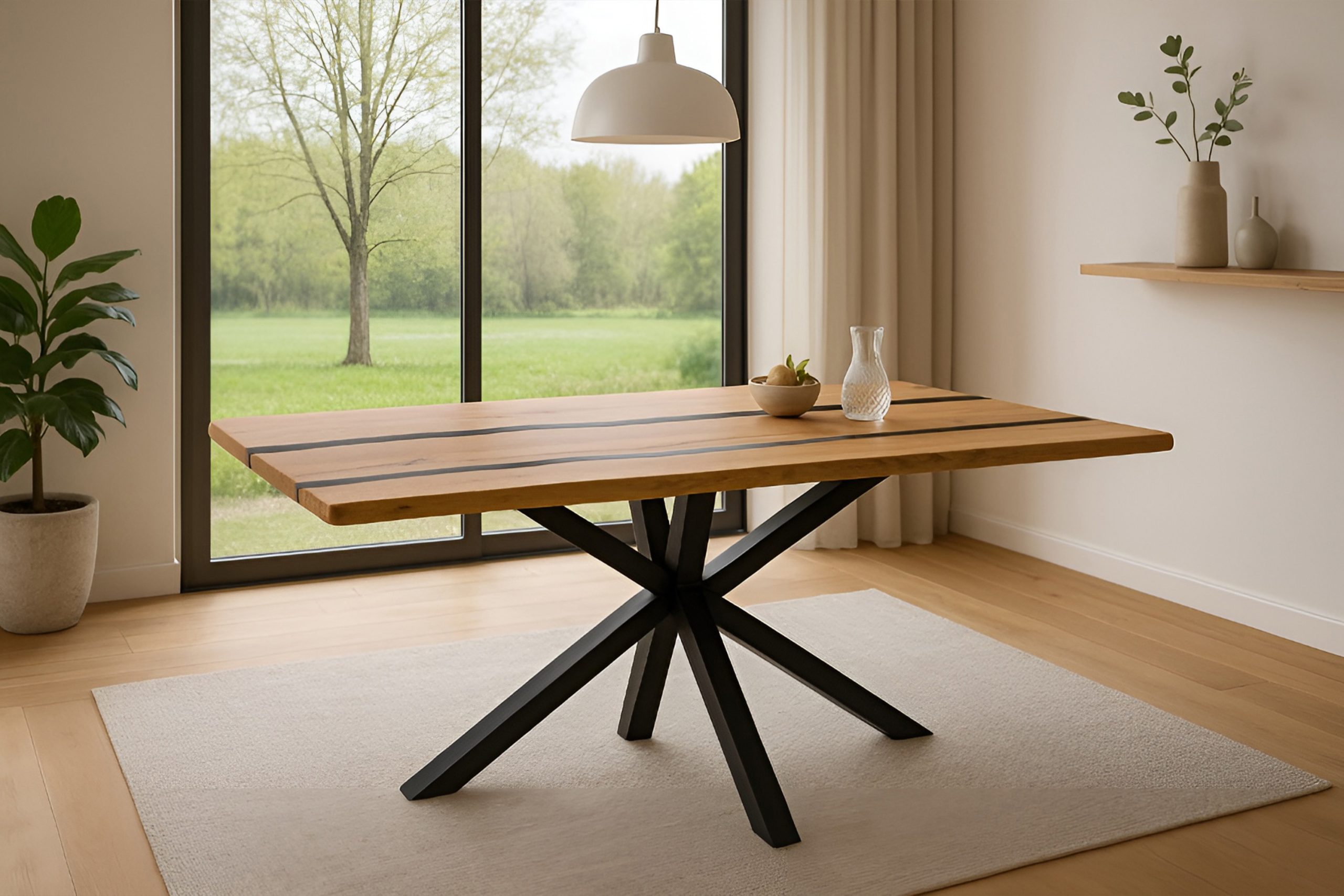 Baumkantentisch 180 x 90 cm Akazie natur Epoxidharz-River in Schwarz Spider-Gestell schwarz PEDRO