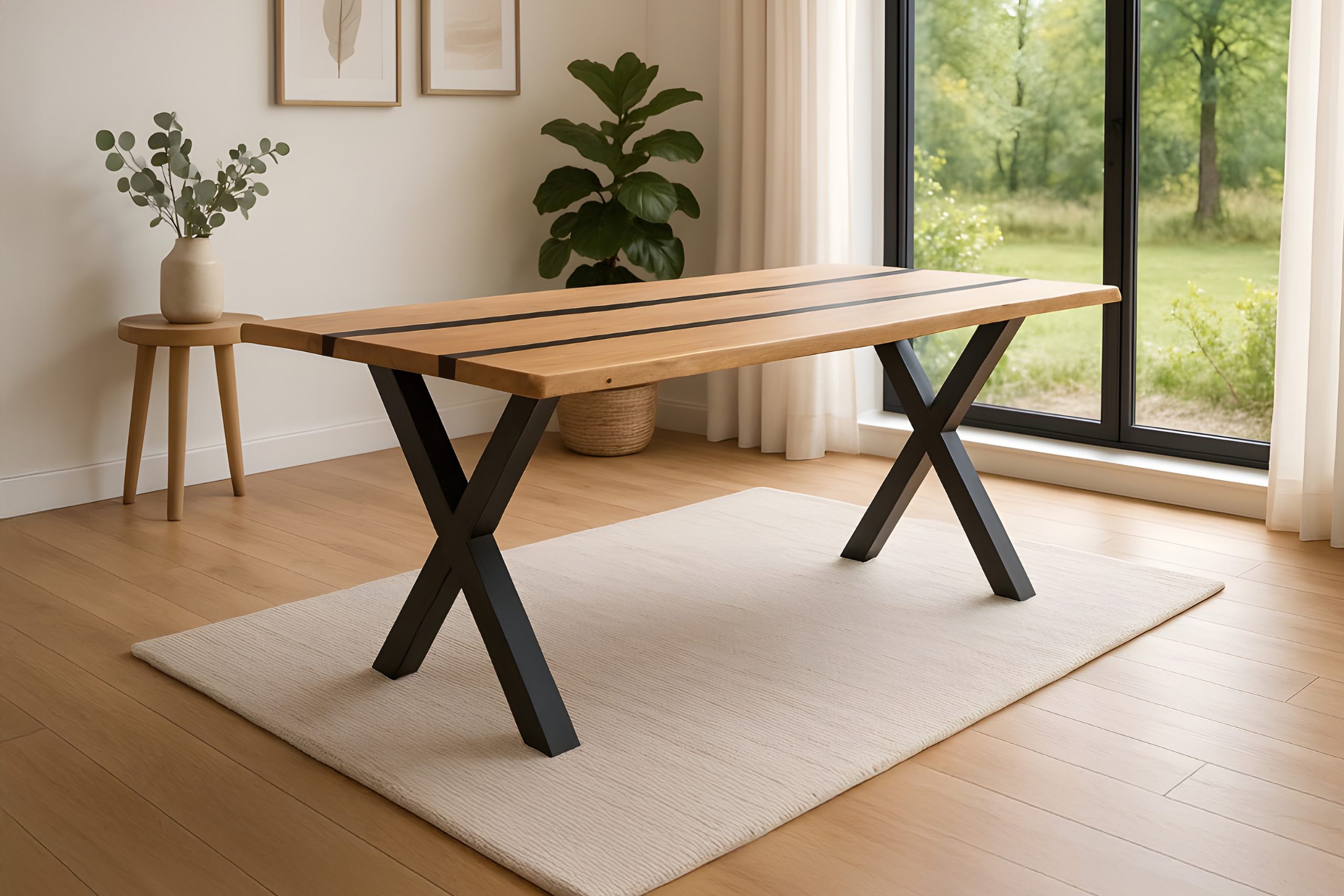 Baumkantentisch 140 x 80 cm Akazie natur Epoxidharz-River in Schwarz X-Gestell schwarz PEDRO