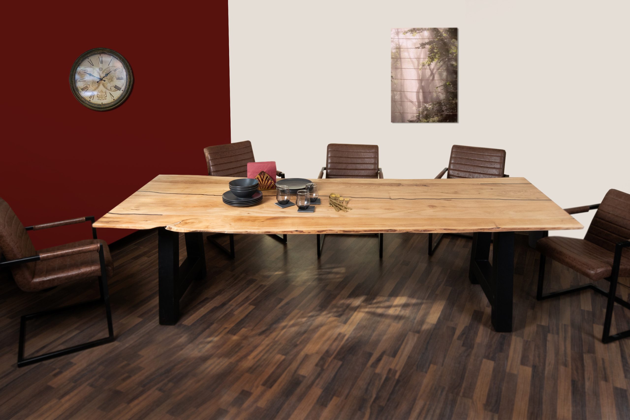 Baumkantentisch Akazie natur mit schwarzen Resin-Adern 220 x 100 cm A-Gestell schwarz POLLY