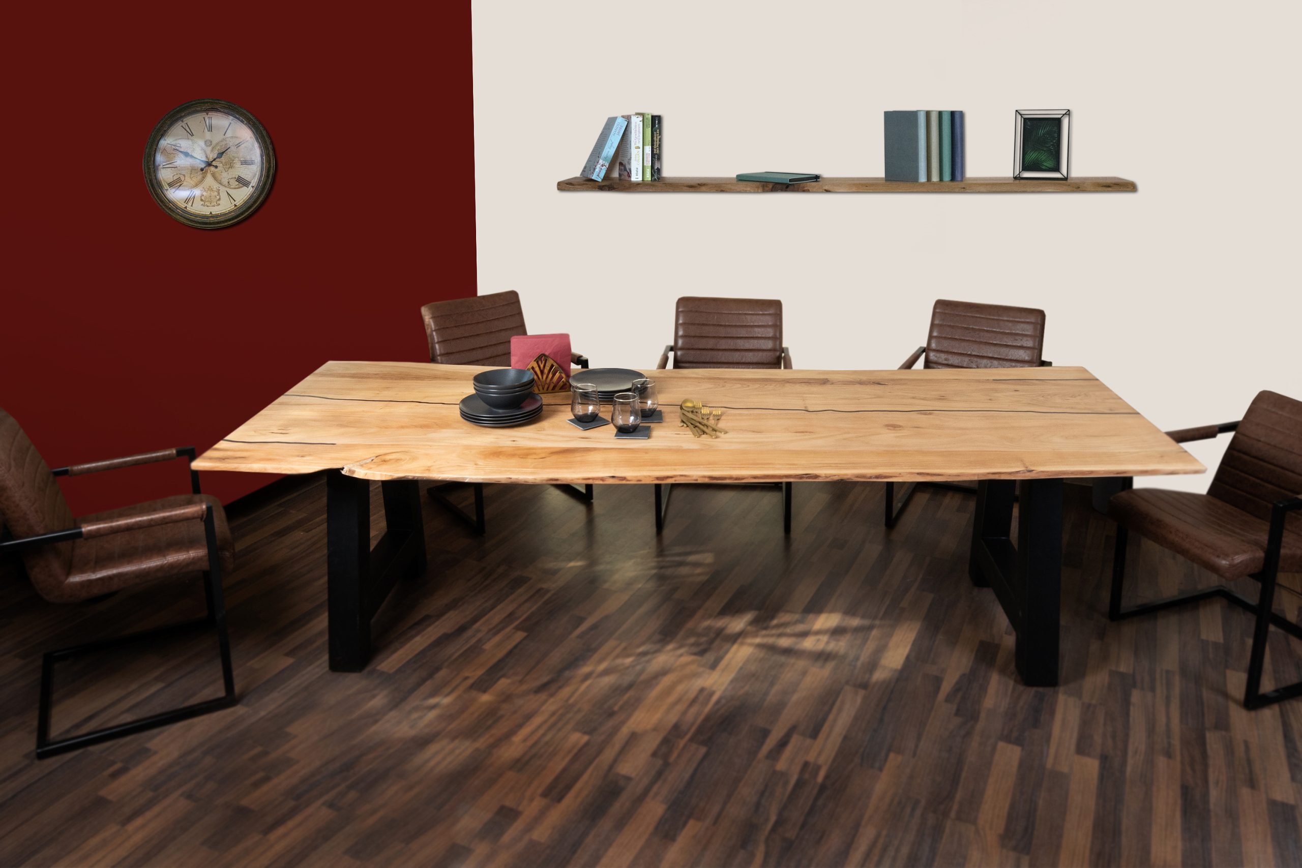 Baumkantentisch Akazie natur mit schwarzen Resin-Adern 240 x 100 cm A-Gestell schwarz POLLY – Bild 4