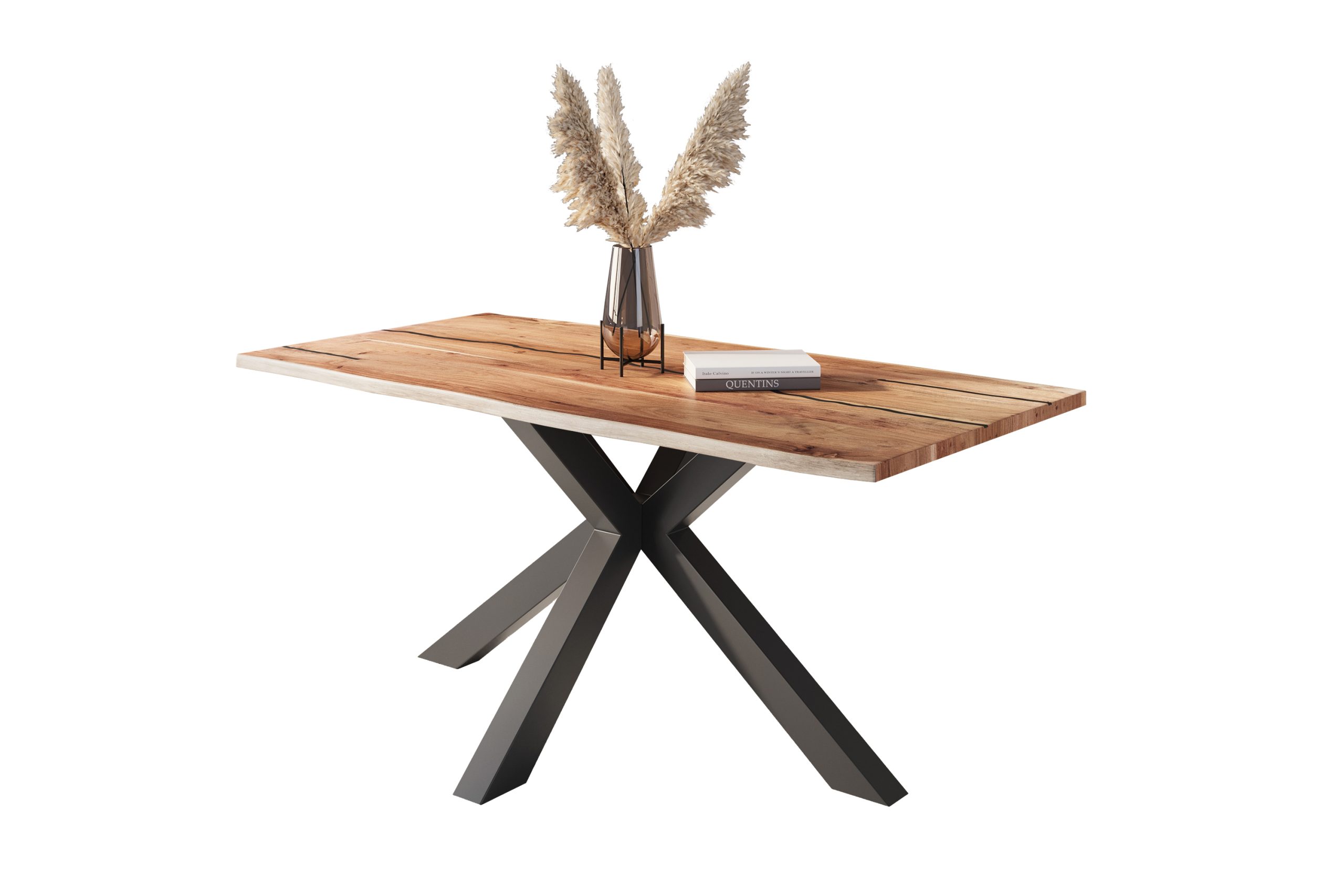 Baumkantentisch Akazie natur mit schwarzen Resin-Adern 120 x 80 Spider-Gestell schwarz POLLY – Bild 2