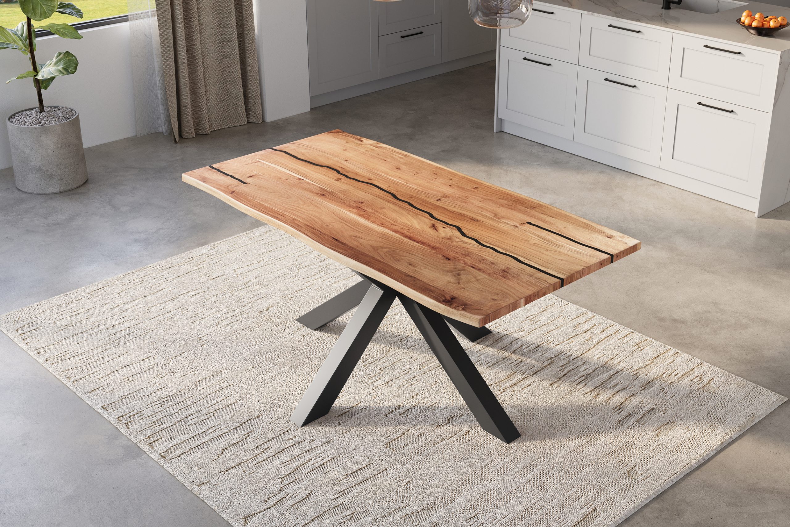 Baumkantentisch Akazie natur mit schwarzen Resin-Adern 120 x 80 Spider-Gestell schwarz POLLY – Bild 5