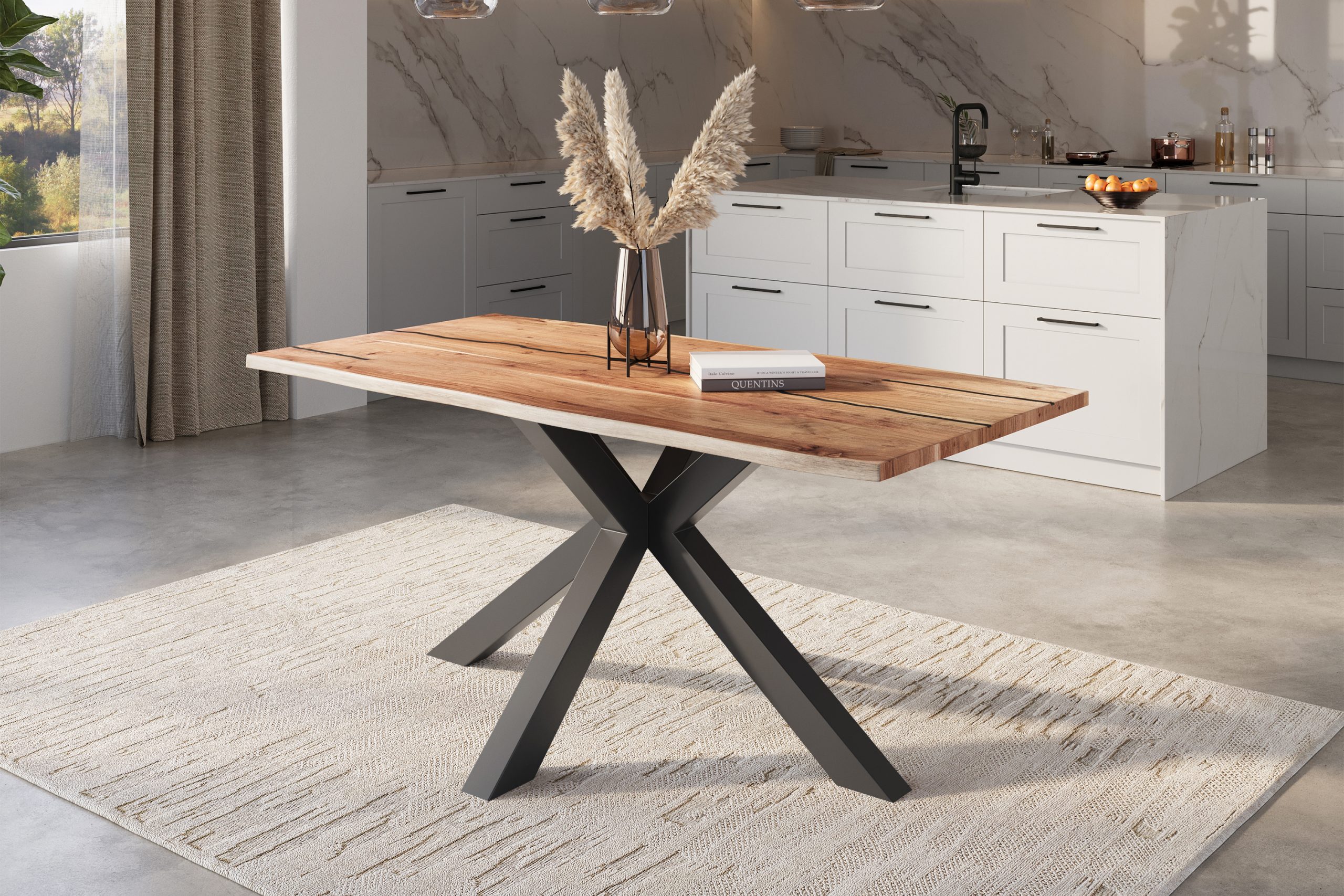 Baumkantentisch Akazie natur mit schwarzen Resin-Adern 140 x 80 cm Spider-Gestell schwarz POLLY