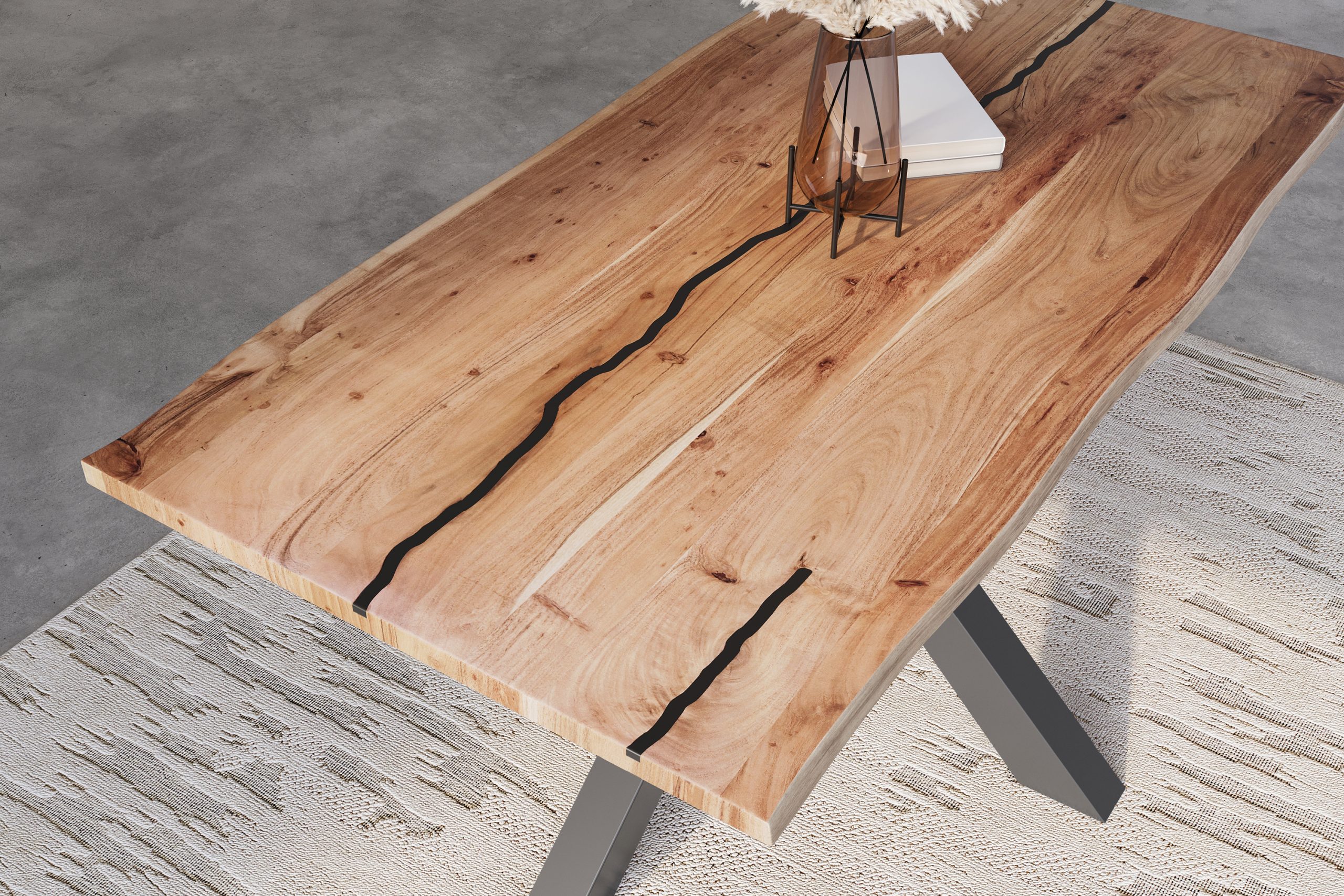 Baumkantentisch Akazie natur mit schwarzen Resin-Adern 140 x 80 cm Spider-Gestell schwarz POLLY – Bild 6