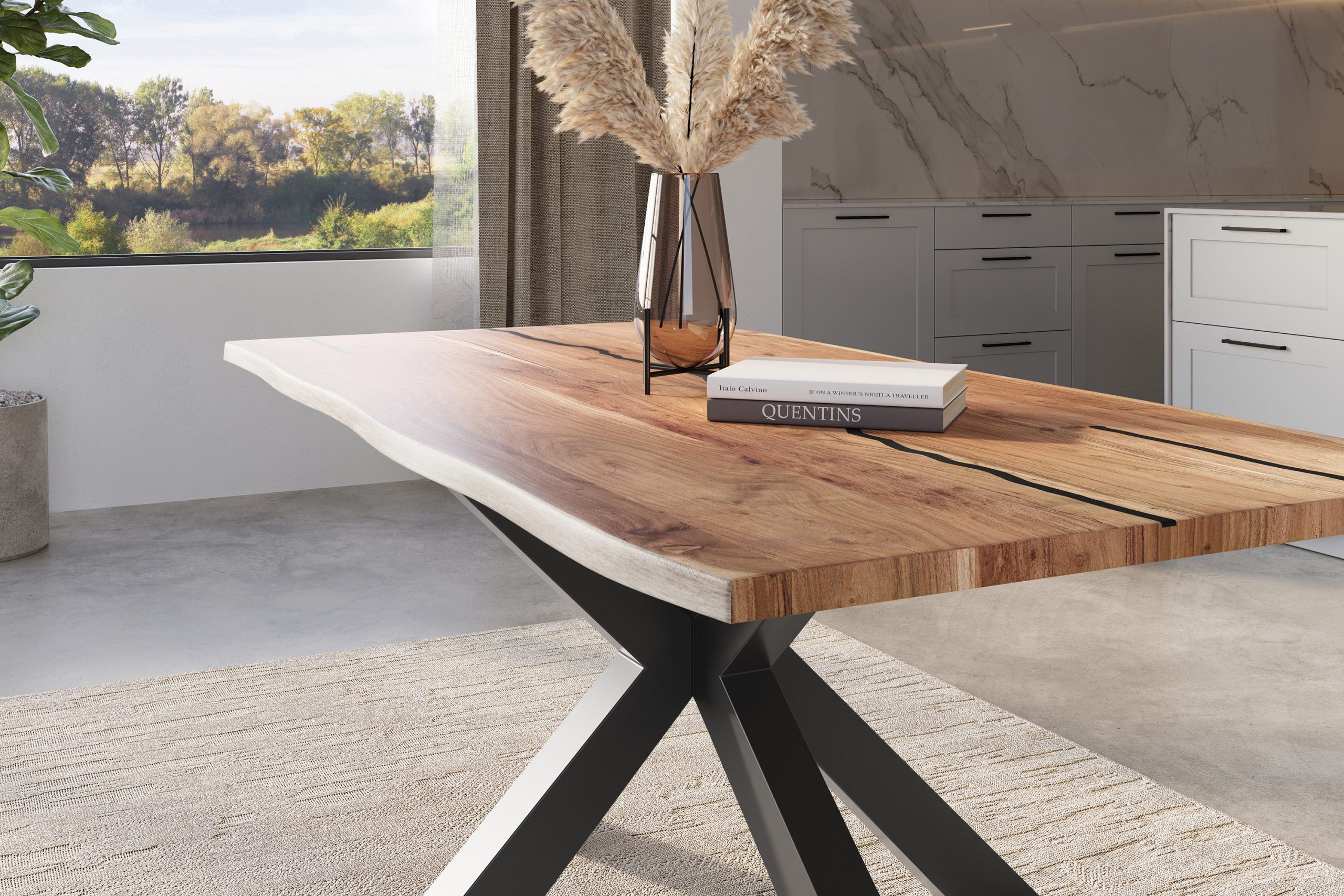 Baumkantentisch Akazie natur mit schwarzen Resin-Adern 160 x 85 cm Spider-Gestell schwarz POLLY – Bild 4